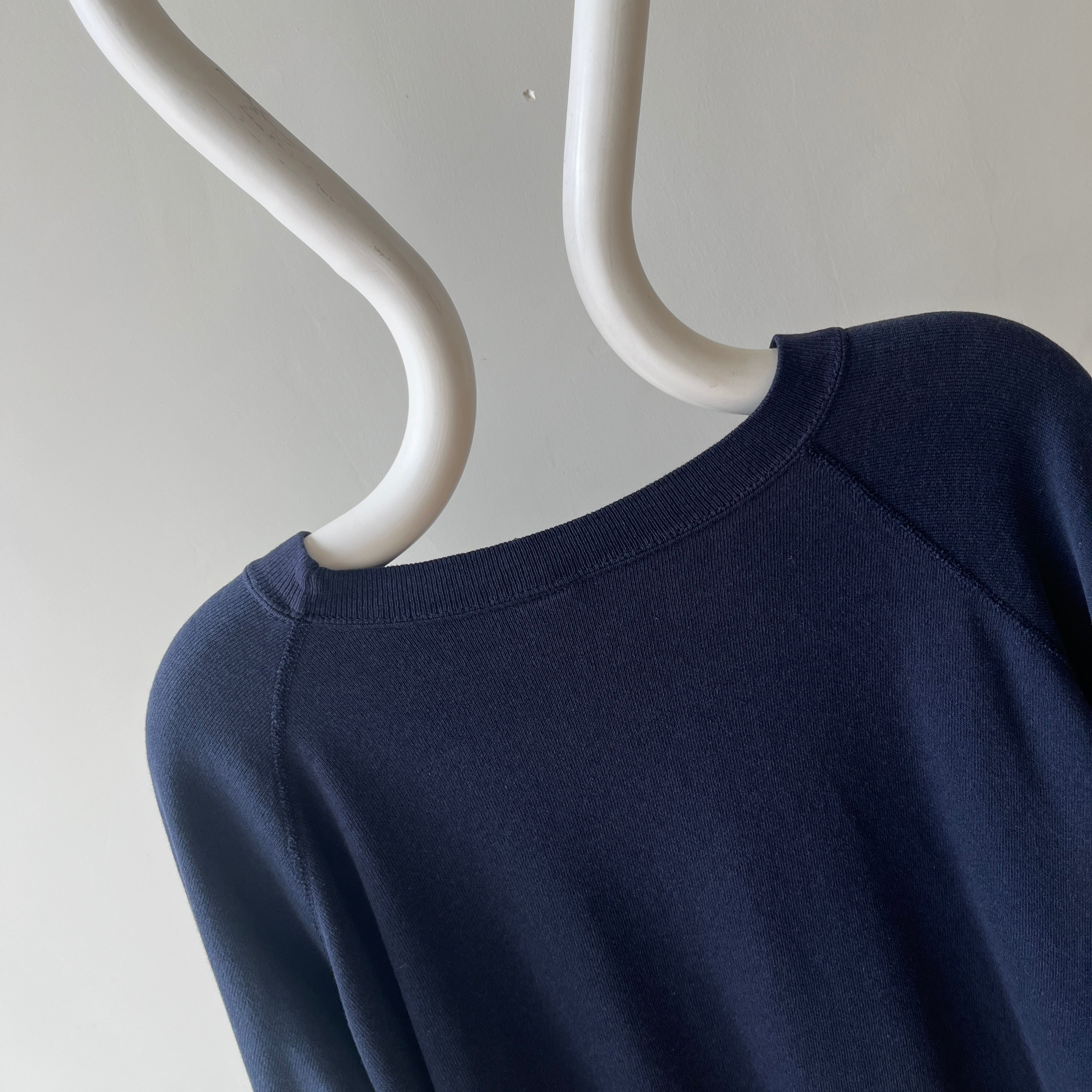 1980s Beat Up and Mended Slouchy Larger Fit Navy Raglan Sweatshirt