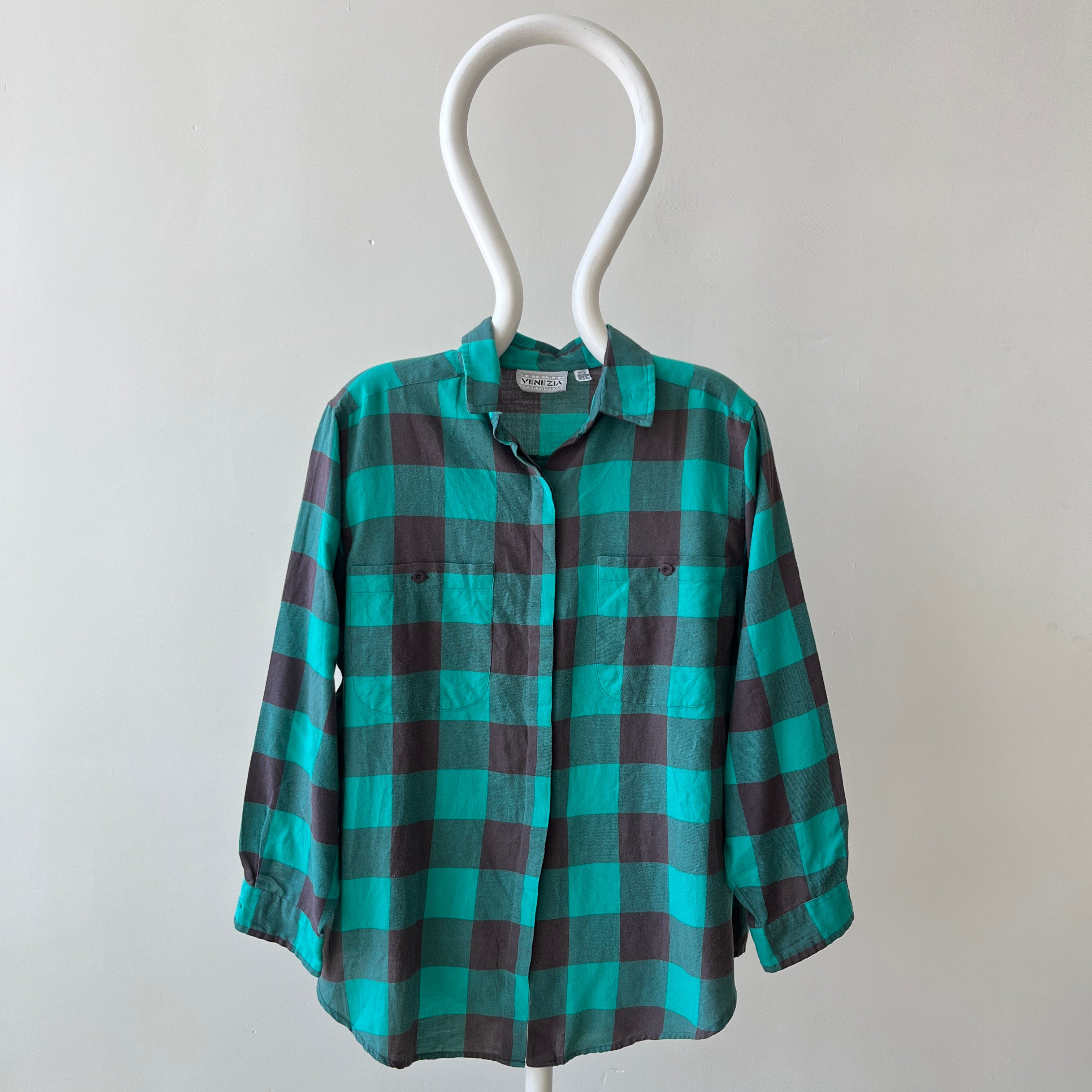 1980s/90s Teal Checkered Plaid Button Up - It's a VENEZIA!