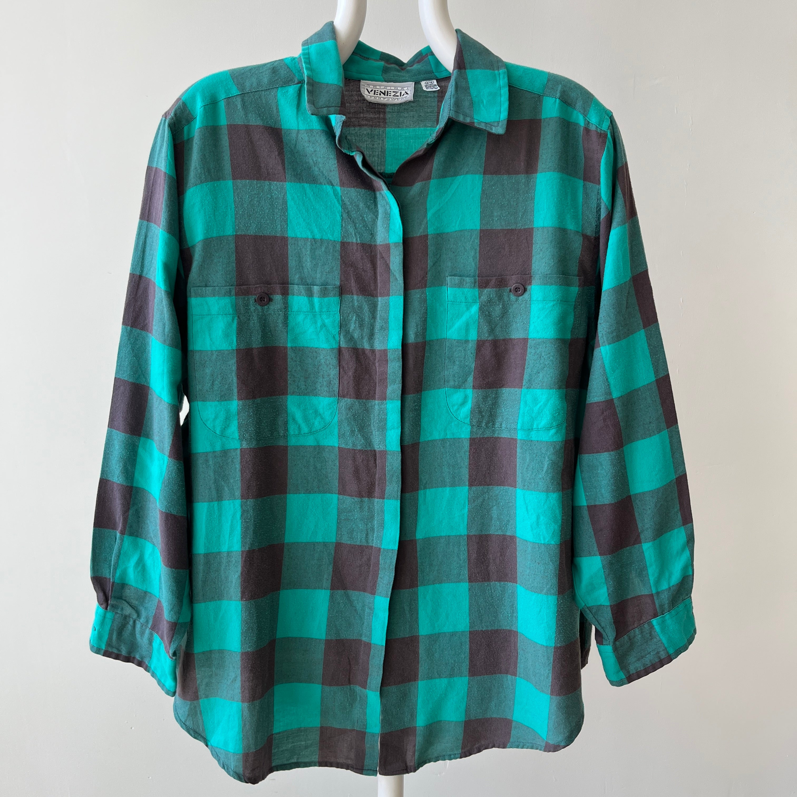1980s/90s Teal Checkered Plaid Button Up - It's a VENEZIA!