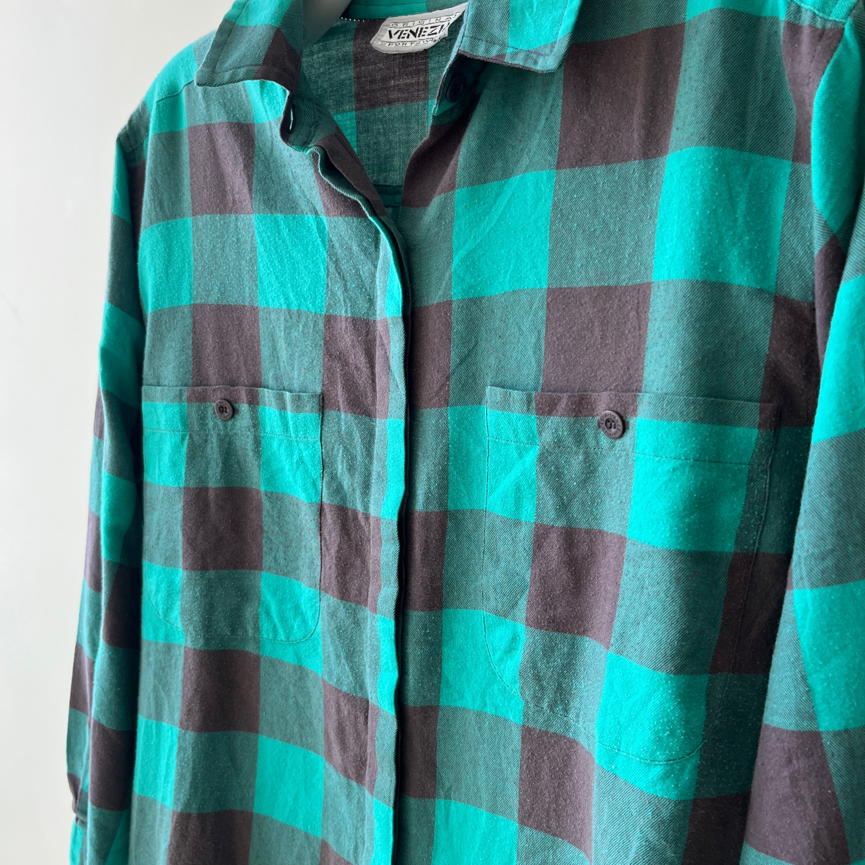 1980s/90s Teal Checkered Plaid Button Up - It's a VENEZIA!