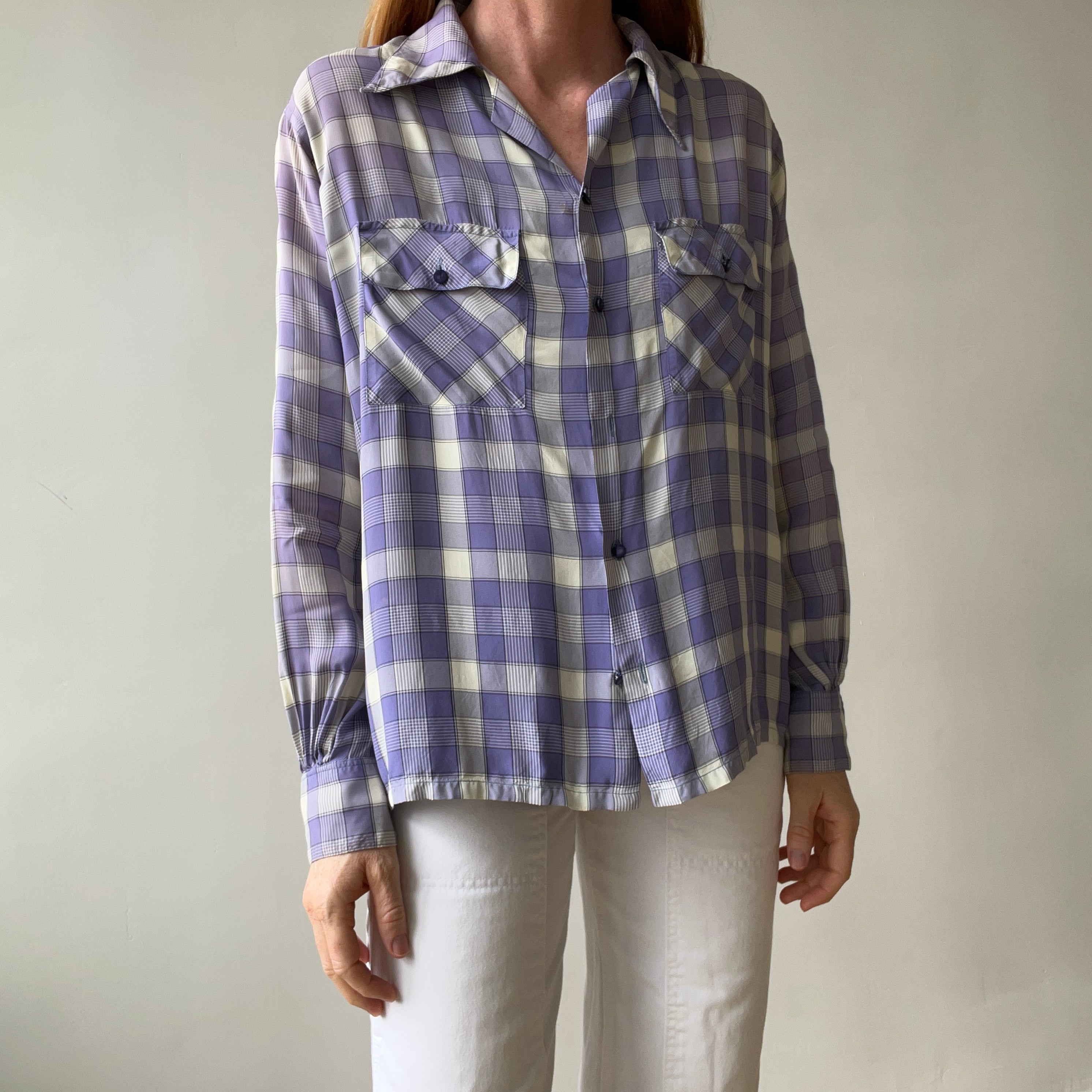 1950s Purple Plaid Rayon Button Up Shirt - TINA COLLECTION
