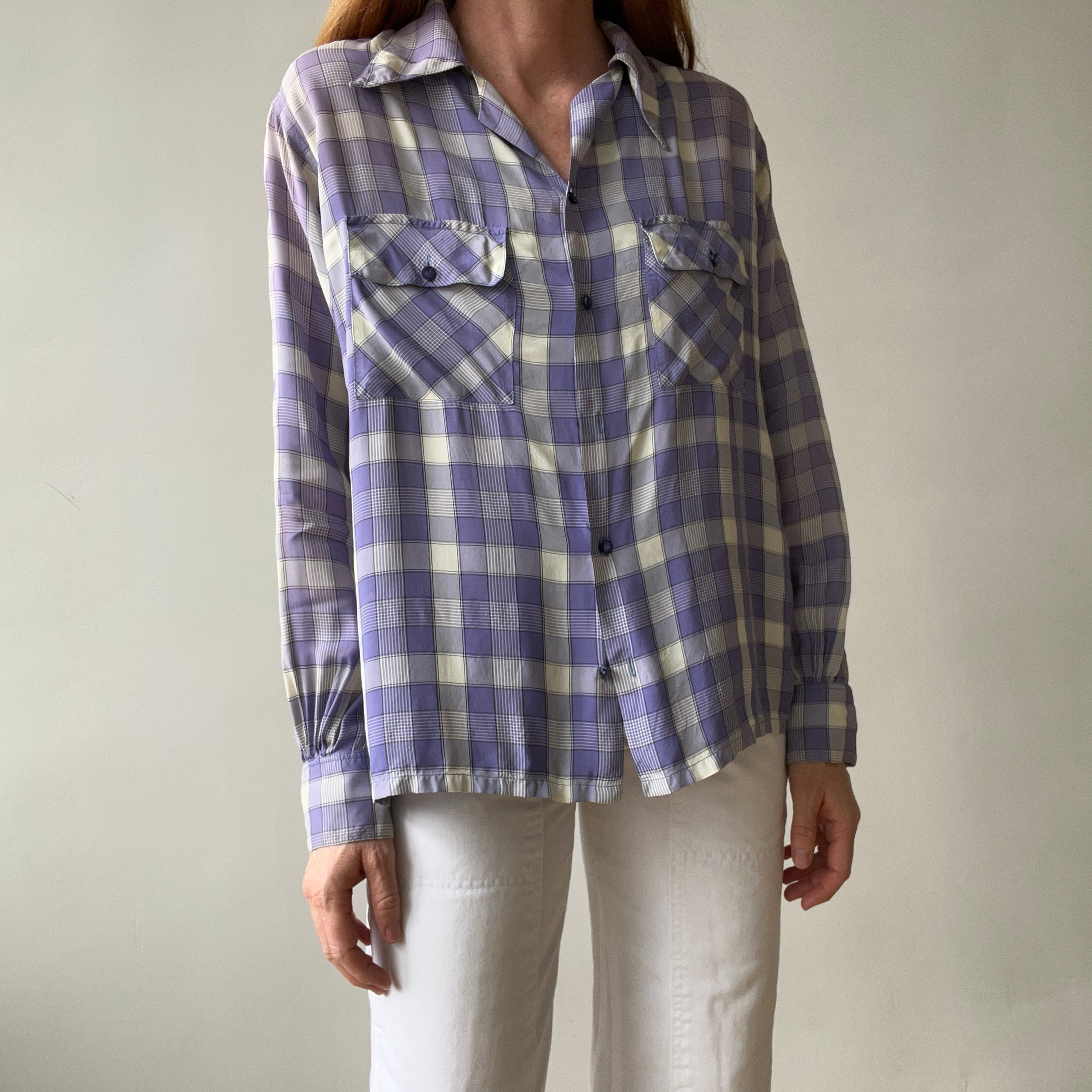 1950s Purple Plaid Rayon Button Up Shirt - TINA COLLECTION