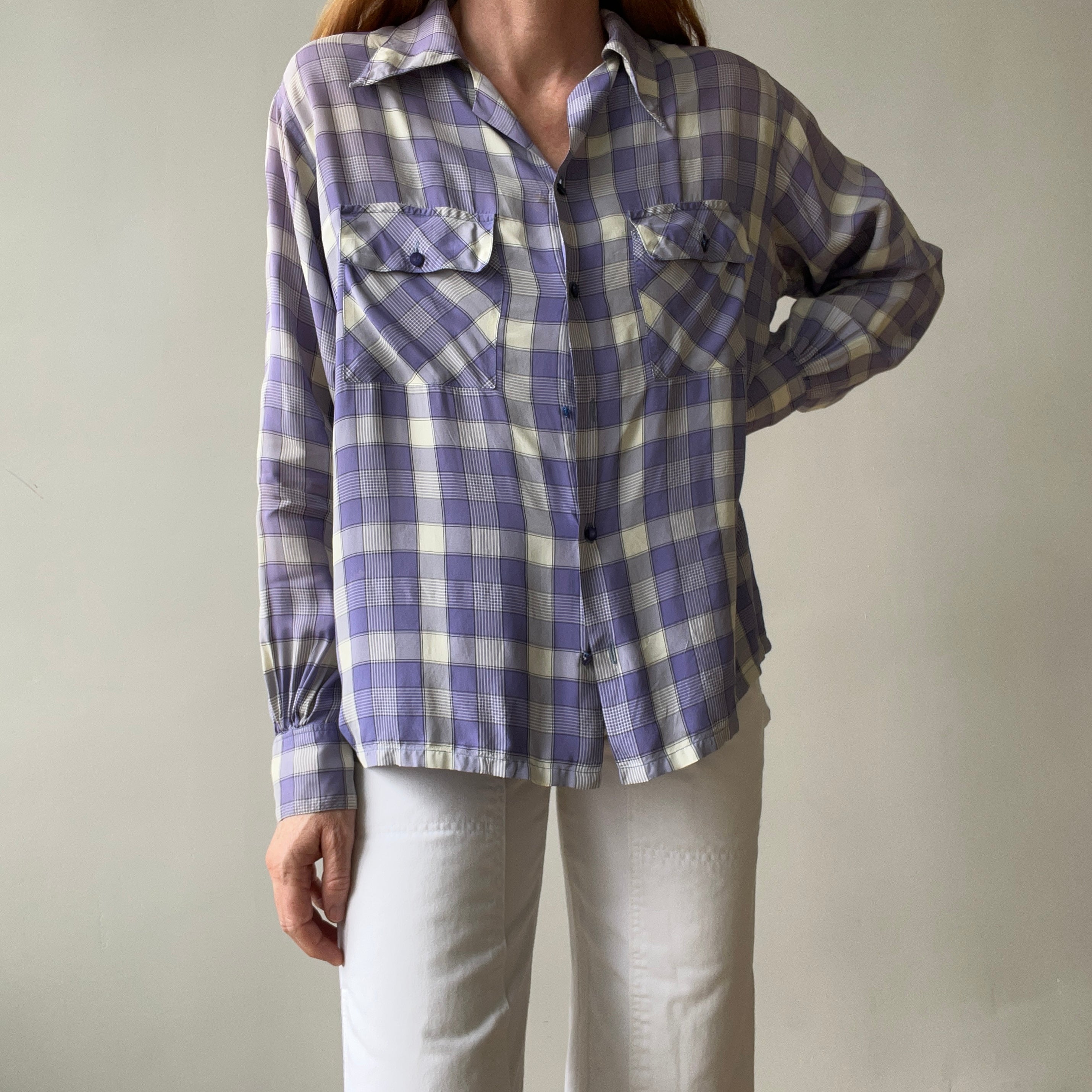 1950s Purple Plaid Rayon Button Up Shirt - TINA COLLECTION