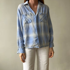 1950 Baby Blue Plaid Rayon Gabardine Loop Collar Button Up Shirt - TINA COLLECTION