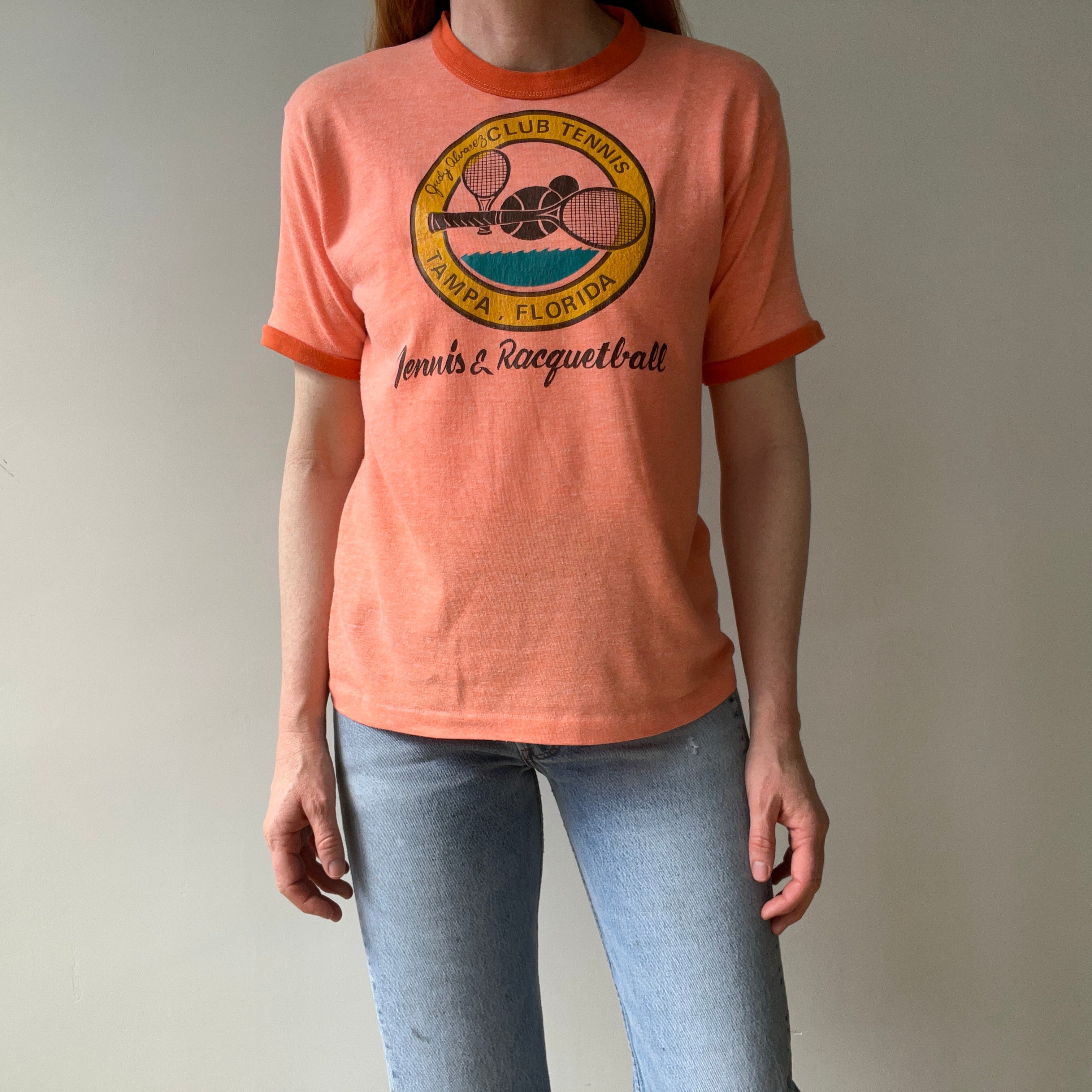 1970/80s Super Cool Judy Alvarez Club Tennis and Racquetball Ring T-Shirt - Backside too!