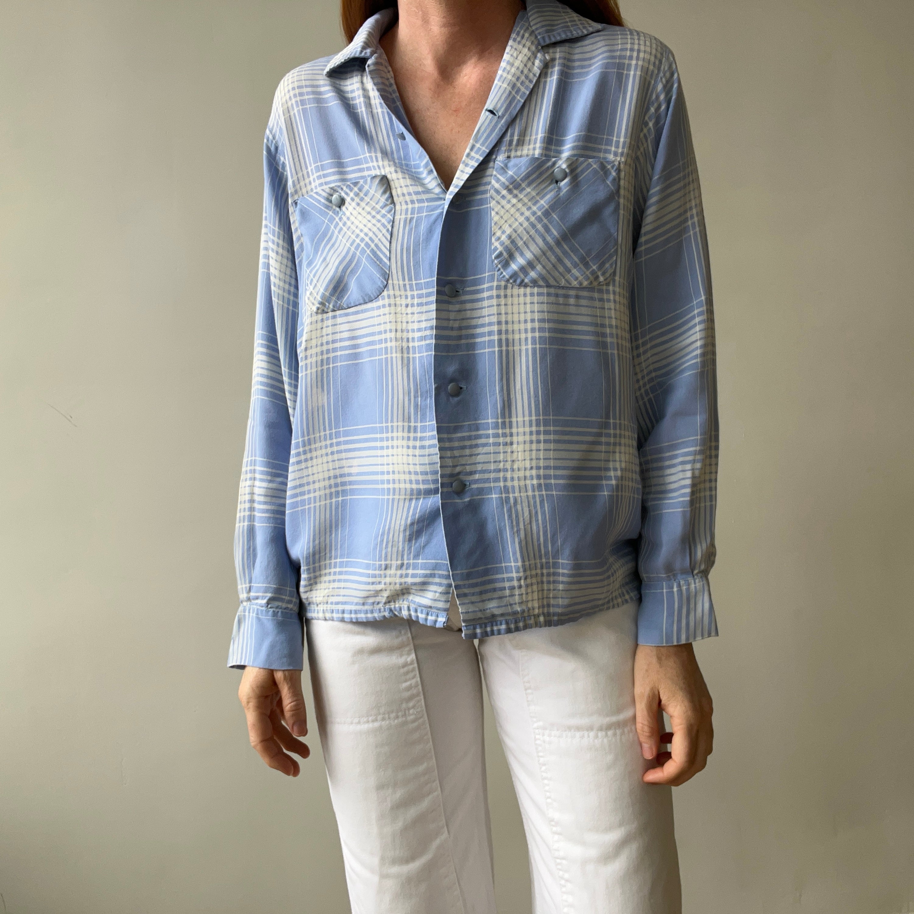 1950 Baby Blue Plaid Rayon Gabardine Loop Collar Button Up Shirt - TINA COLLECTION