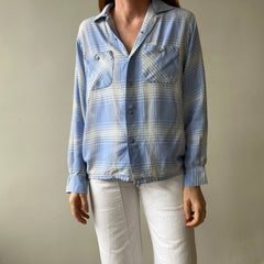 1950 Baby Blue Plaid Rayon Gabardine Loop Collar Button Up Shirt - TINA COLLECTION