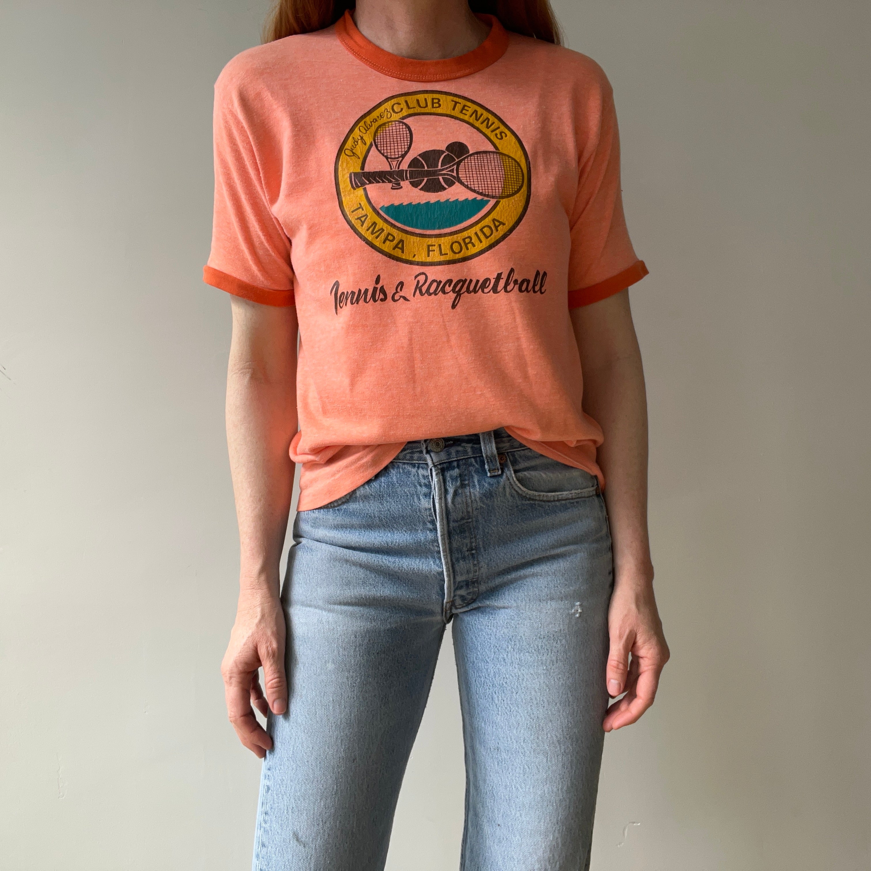 1970/80s Super Cool Judy Alvarez Club Tennis and Racquetball Ring T-Shirt - Backside too!