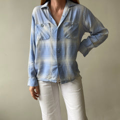 1950 Baby Blue Plaid Rayon Gabardine Loop Collar Button Up Shirt - TINA COLLECTION