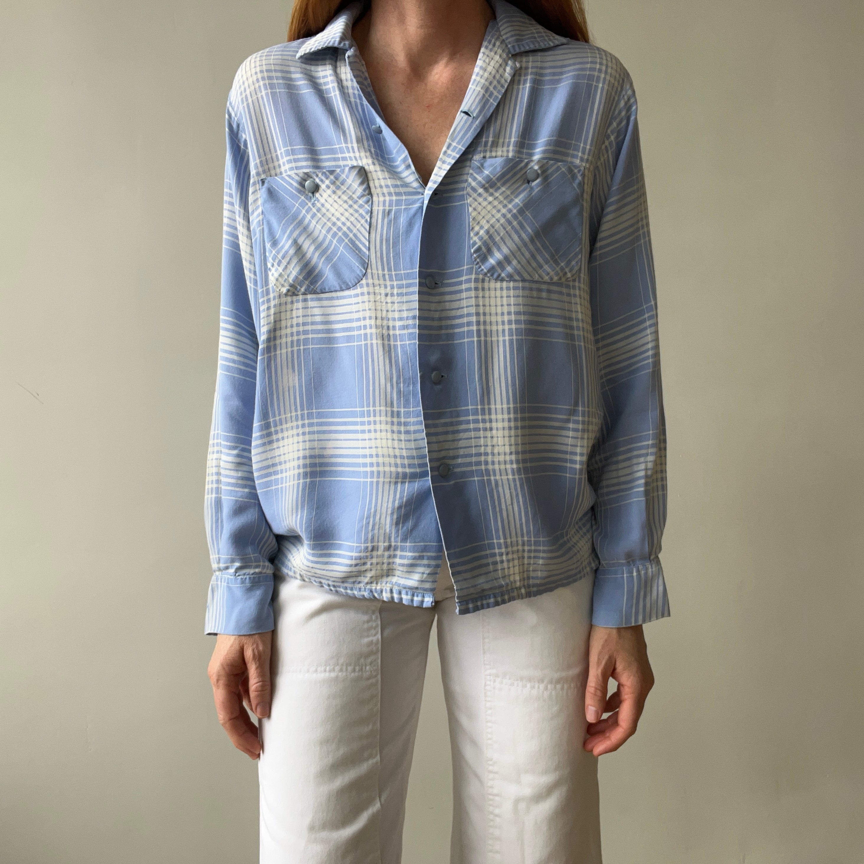 1950 Baby Blue Plaid Rayon Gabardine Loop Collar Button Up Shirt - TINA COLLECTION
