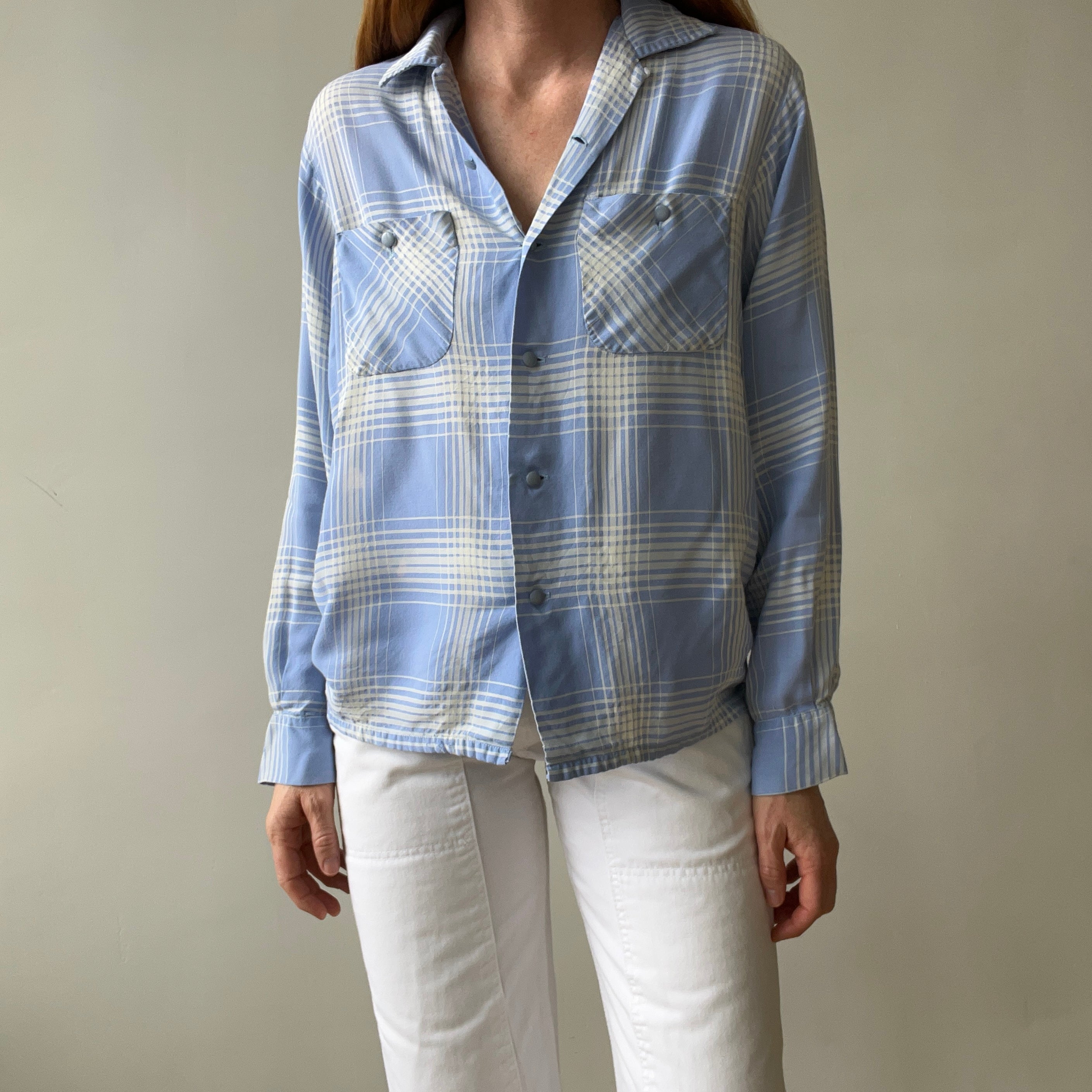 1950 Baby Blue Plaid Rayon Gabardine Loop Collar Button Up Shirt - TINA COLLECTION