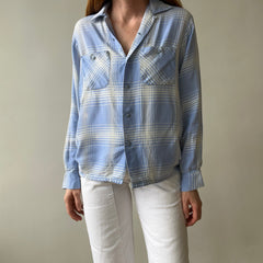 1950 Baby Blue Plaid Rayon Gabardine Loop Collar Button Up Shirt - TINA COLLECTION