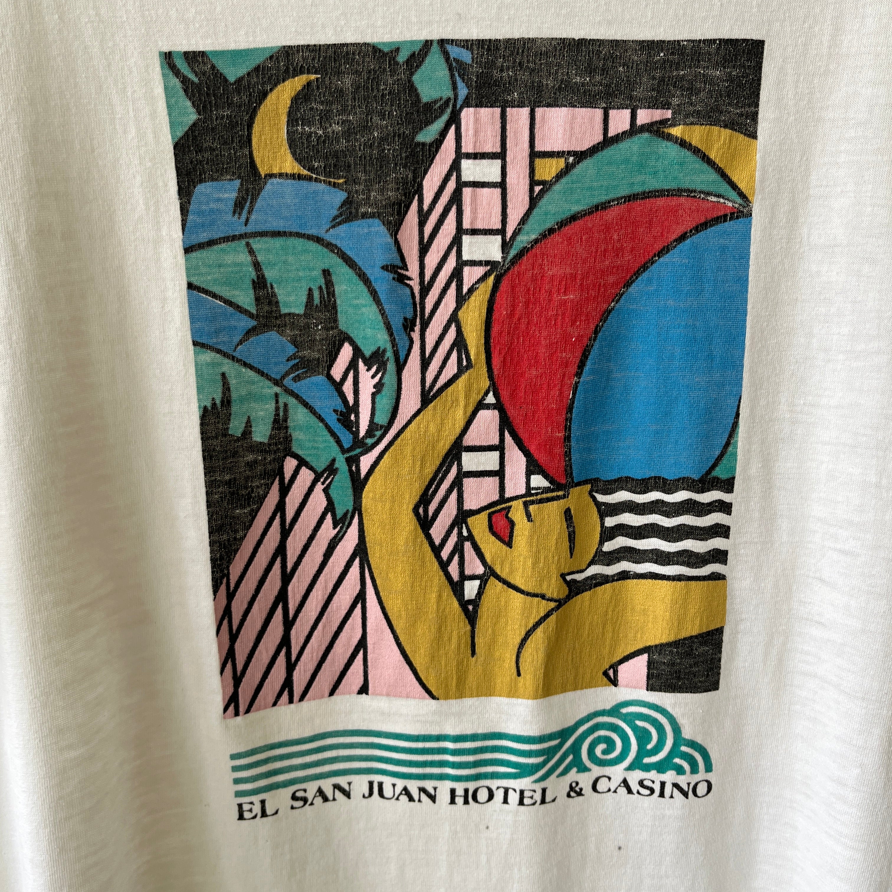 1980s El San Juan Hotel and Casino Worn Out and Stained 50/50 T-Shirt - Cool Graphic