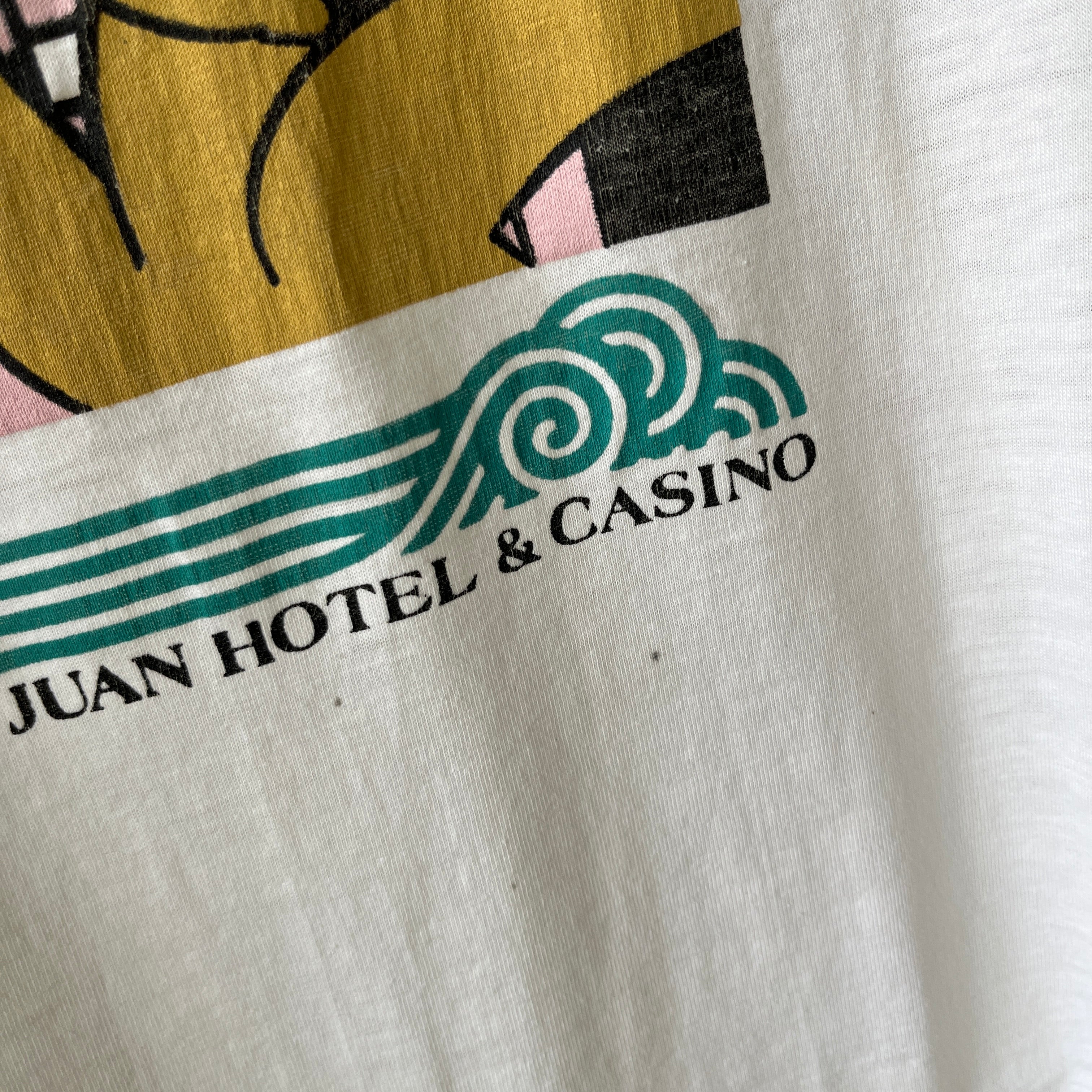 1980s El San Juan Hotel and Casino Worn Out and Stained 50/50 T-Shirt - Cool Graphic