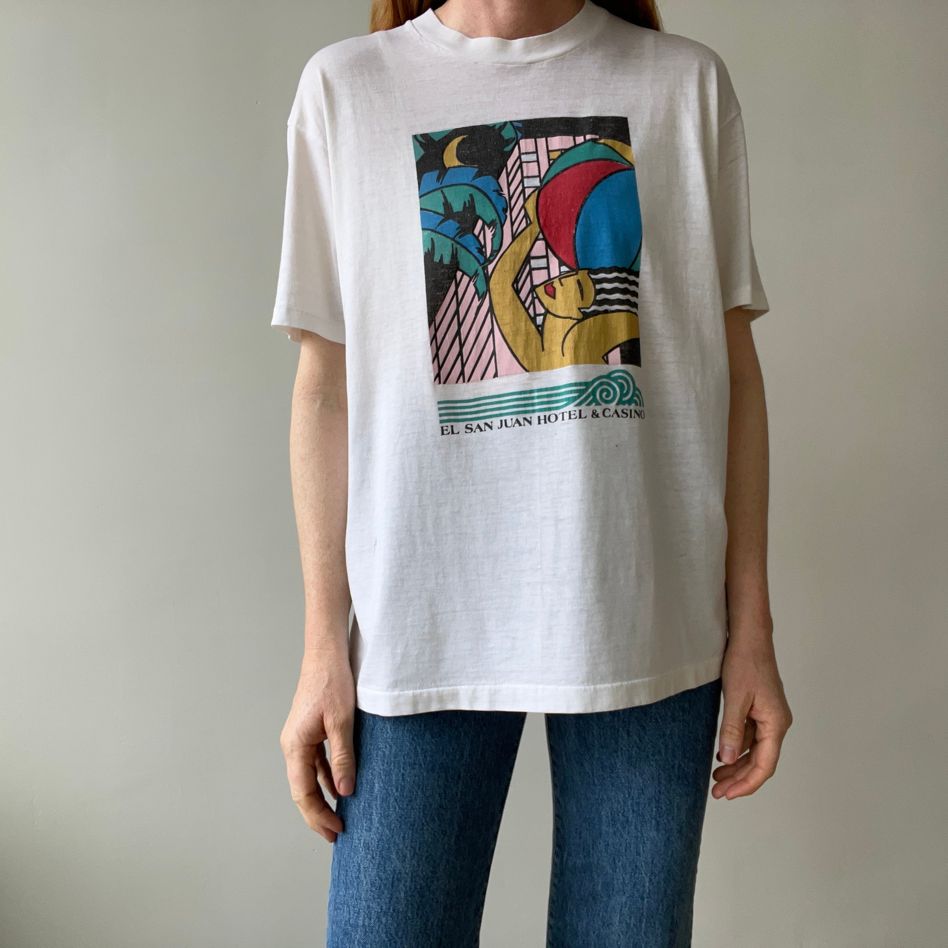 1980s El San Juan Hotel and Casino Worn Out and Stained 50/50 T-Shirt - Cool Graphic