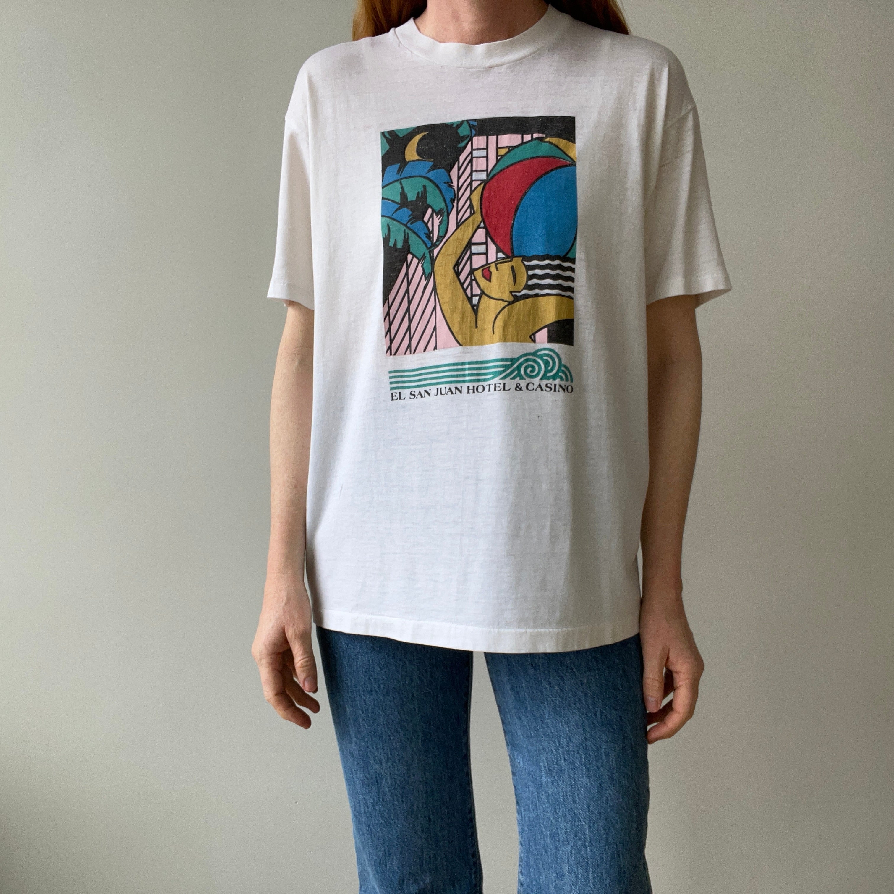 1980s El San Juan Hotel and Casino Worn Out and Stained 50/50 T-Shirt - Cool Graphic