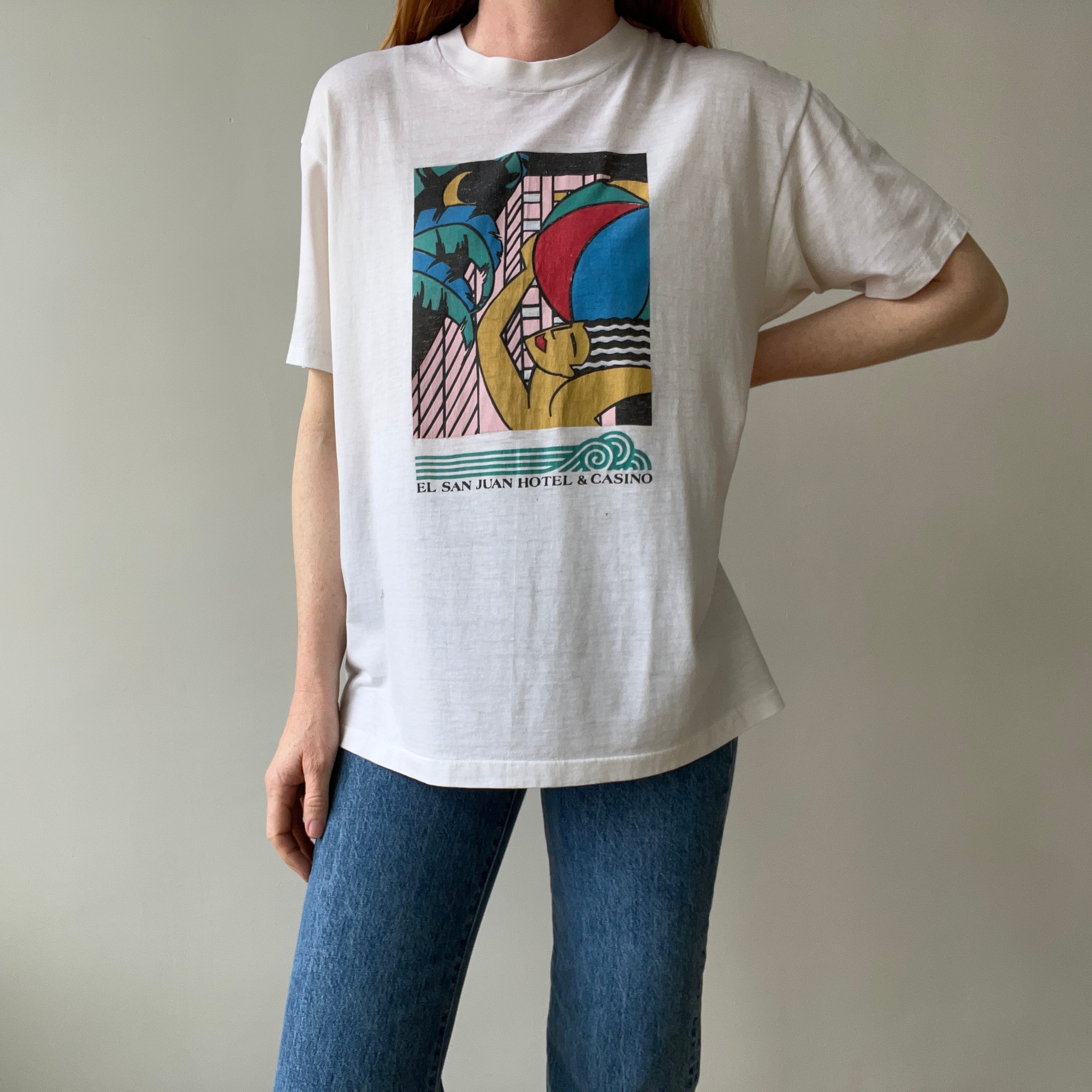 1980s El San Juan Hotel and Casino Worn Out and Stained 50/50 T-Shirt - Cool Graphic