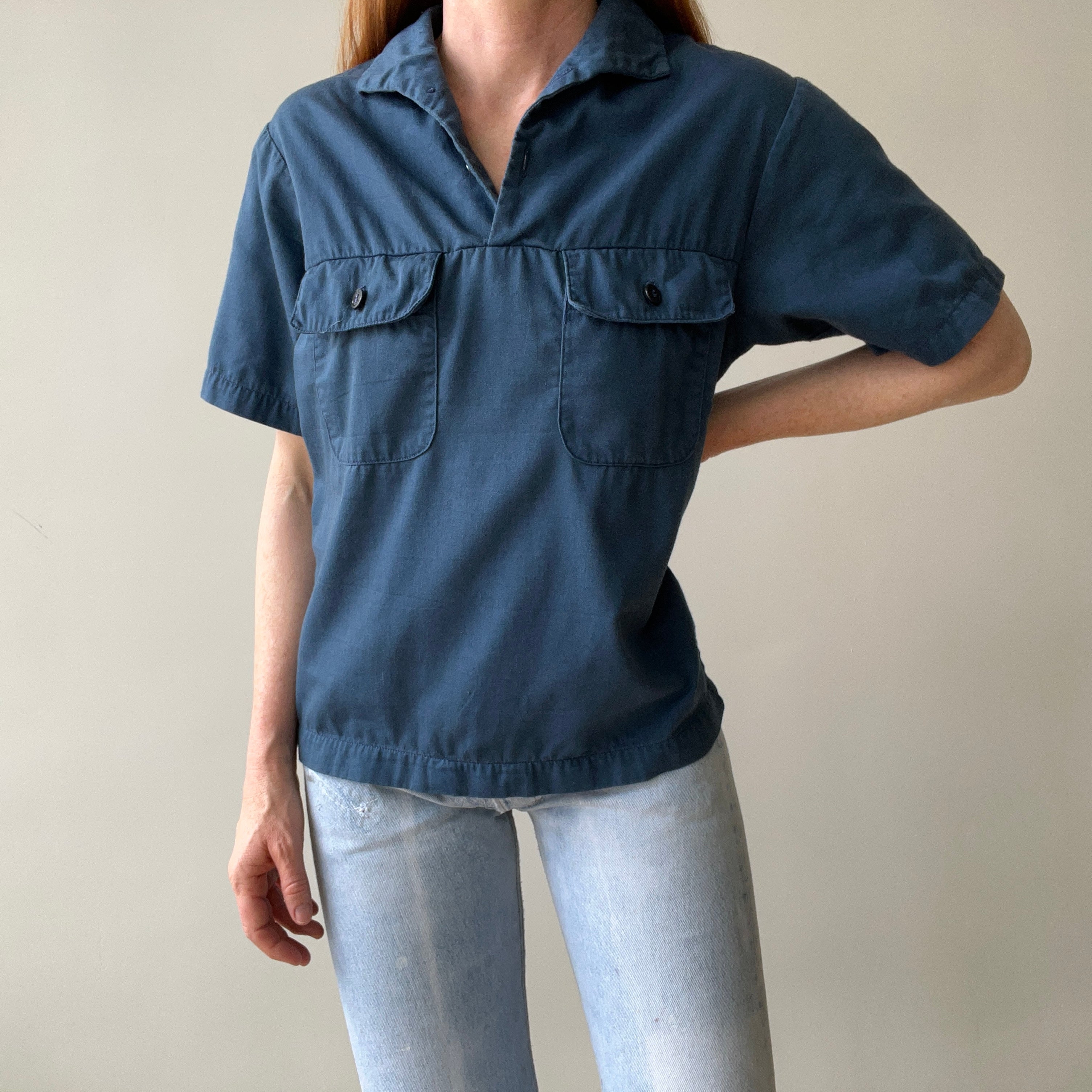 1971 US Military Naval Short Sleeve 1/4 Button Up Navy Shirt