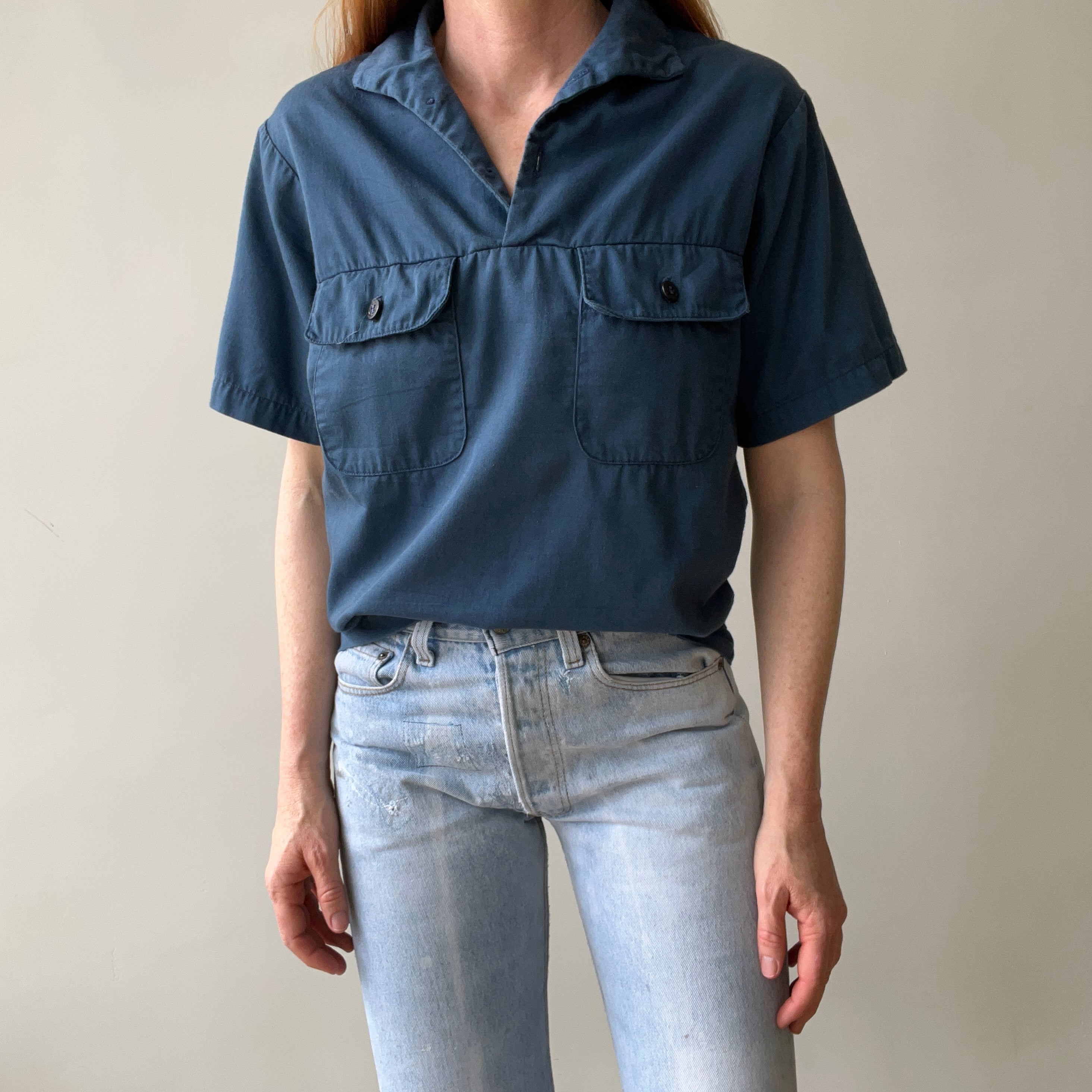 1971 US Military Naval Short Sleeve 1/4 Button Up Navy Shirt