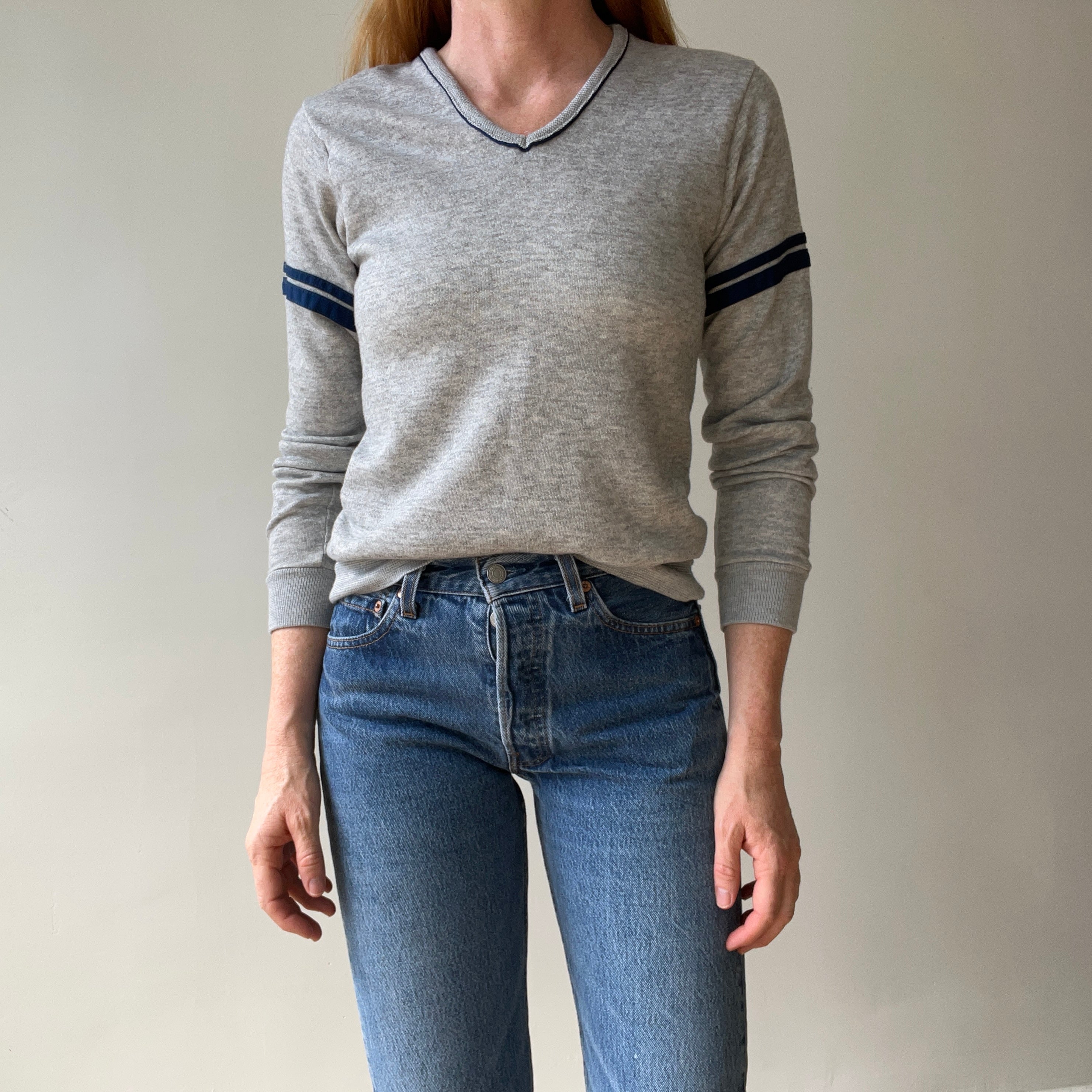 1970s  Grey V Neck Sweatshirt with Arm Striping