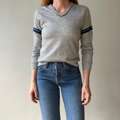 1970s  Grey V Neck Sweatshirt with Arm Striping