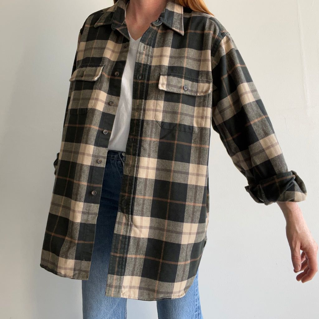 1990s L.L. Bean Larger and Longer Neutral Plaid Flannel – Red