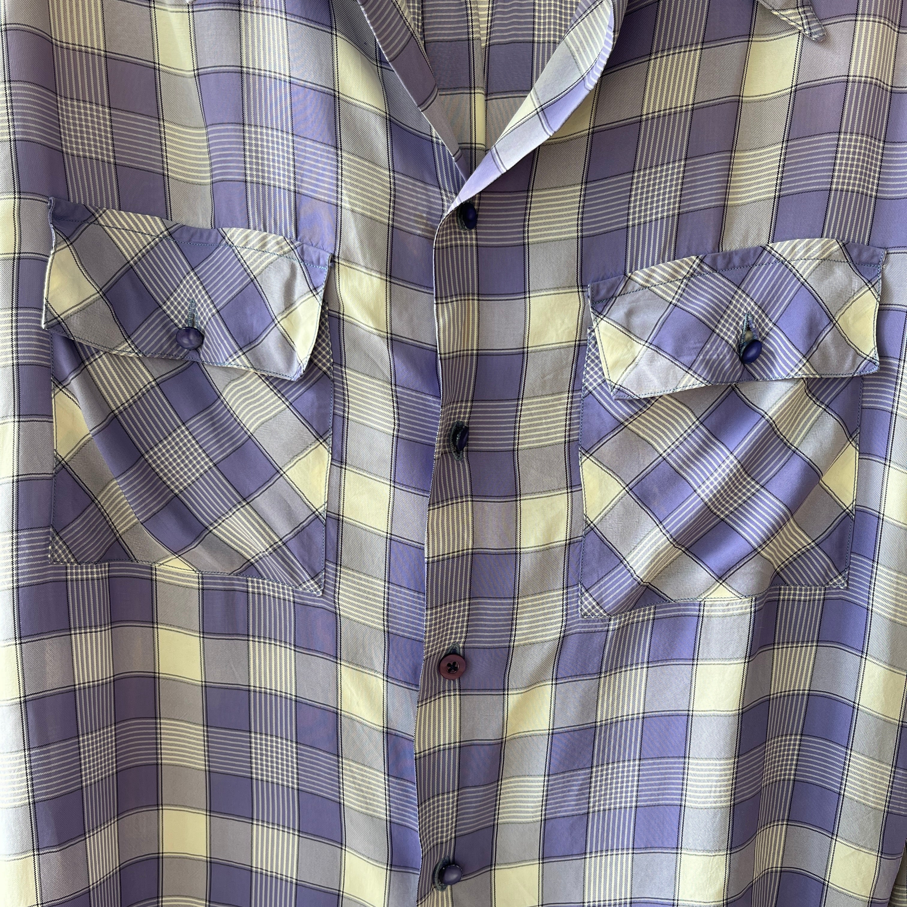 1950s Purple Plaid Rayon Button Up Shirt - TINA COLLECTION