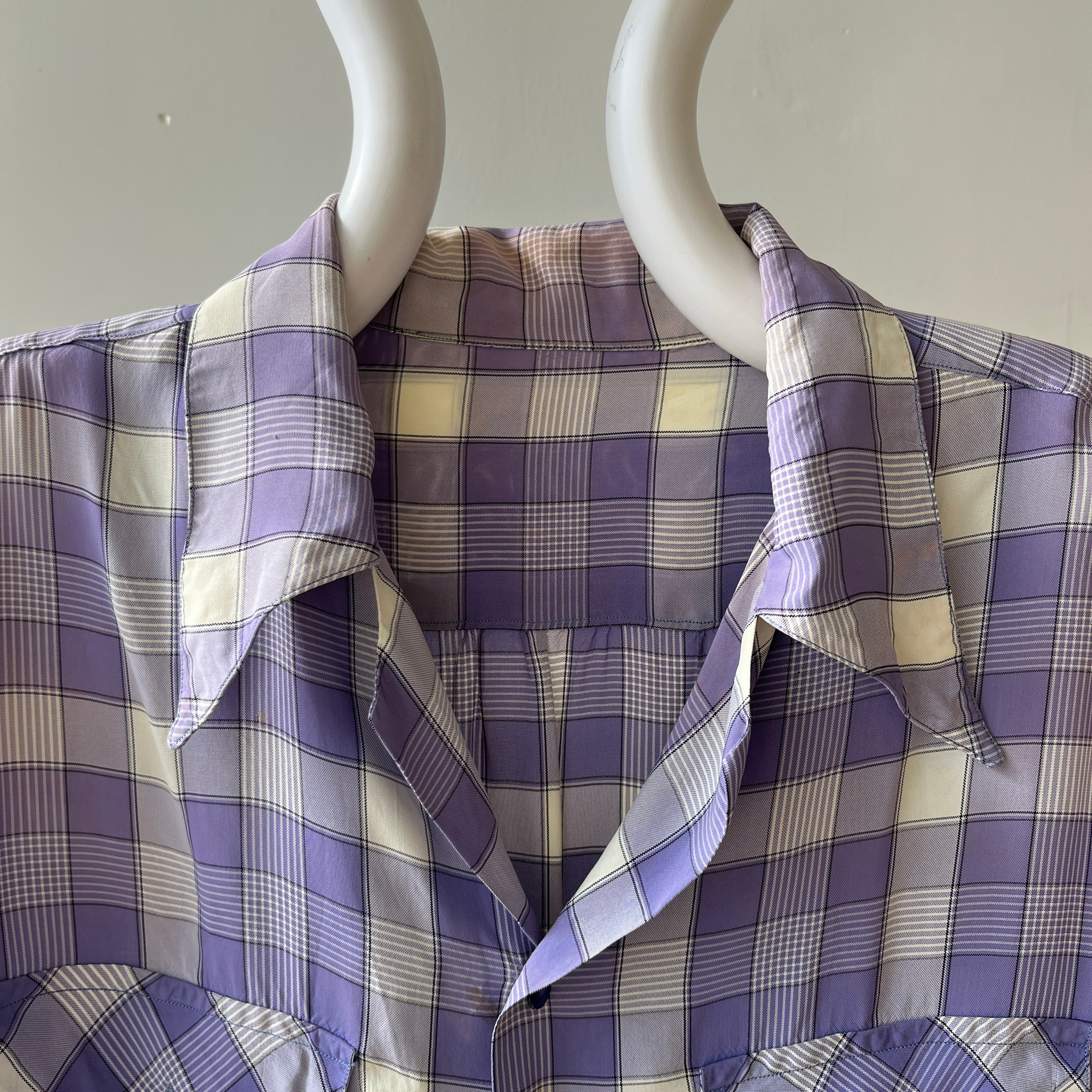 1950s Purple Plaid Rayon Button Up Shirt - TINA COLLECTION