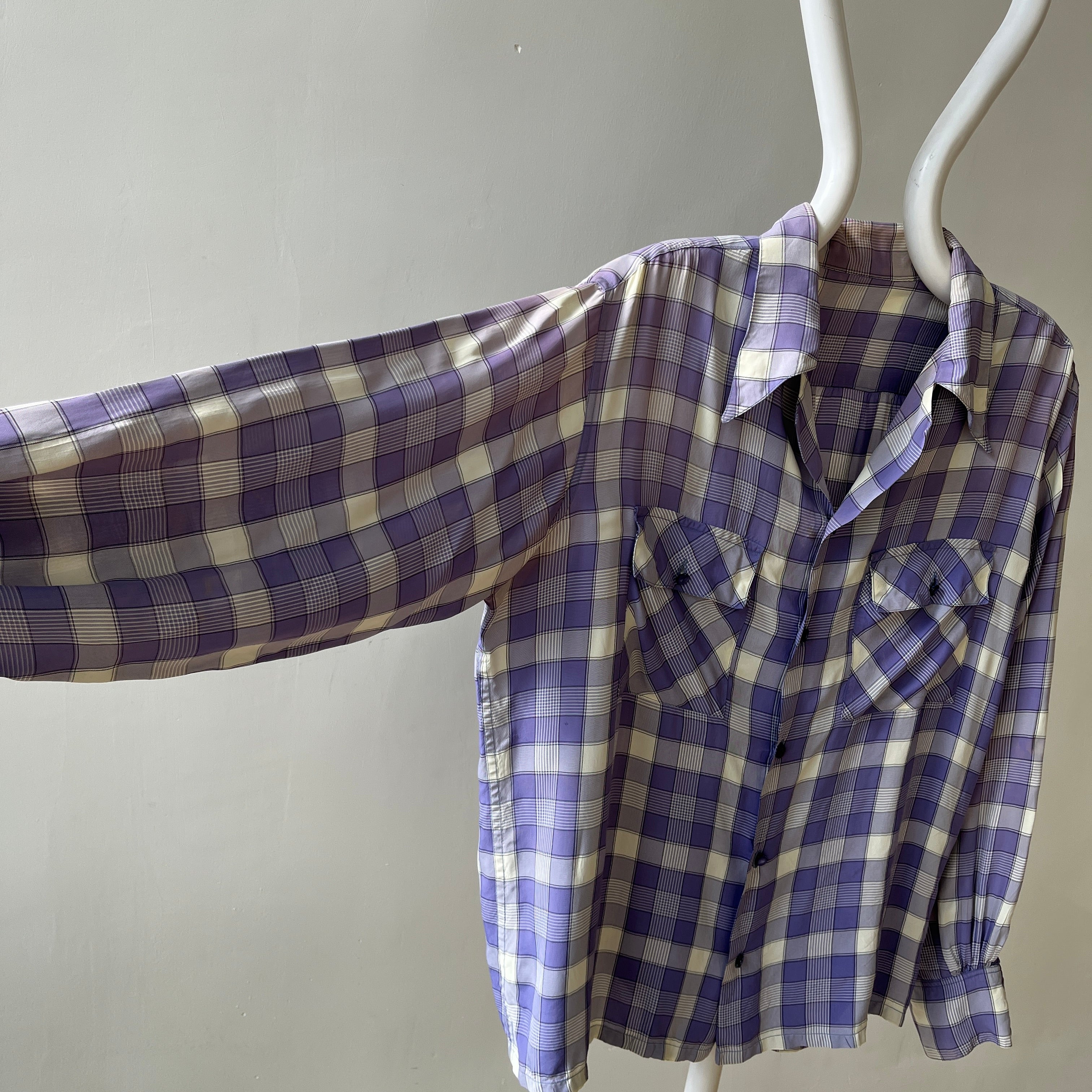 1950s Purple Plaid Rayon Button Up Shirt - TINA COLLECTION