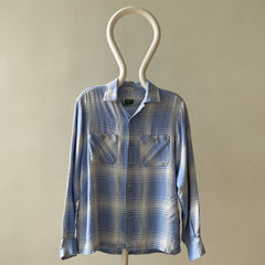 1950 Baby Blue Plaid Rayon Gabardine Loop Collar Button Up Shirt - TINA COLLECTION