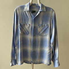 1950 Baby Blue Plaid Rayon Gabardine Loop Collar Button Up Shirt - TINA COLLECTION