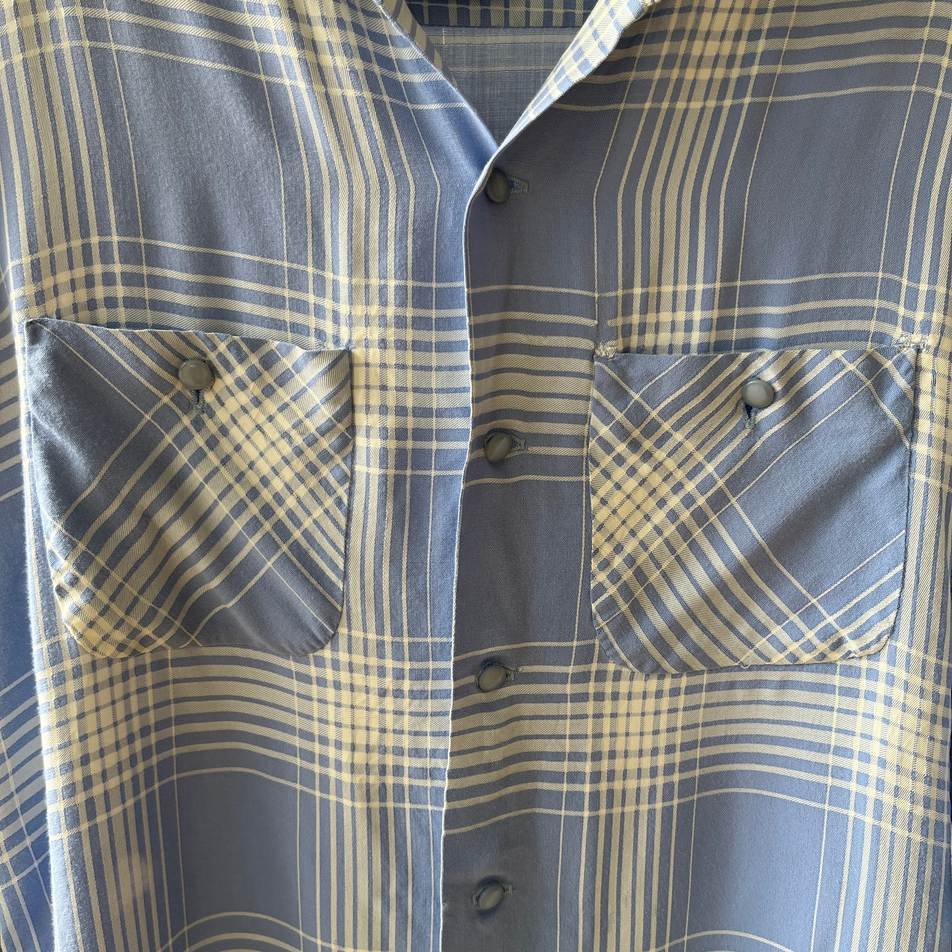 1950 Baby Blue Plaid Rayon Gabardine Loop Collar Button Up Shirt - TINA COLLECTION