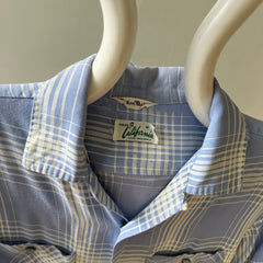 1950 Baby Blue Plaid Rayon Gabardine Loop Collar Button Up Shirt - TINA COLLECTION