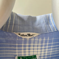 1950 Baby Blue Plaid Rayon Gabardine Loop Collar Button Up Shirt - TINA COLLECTION