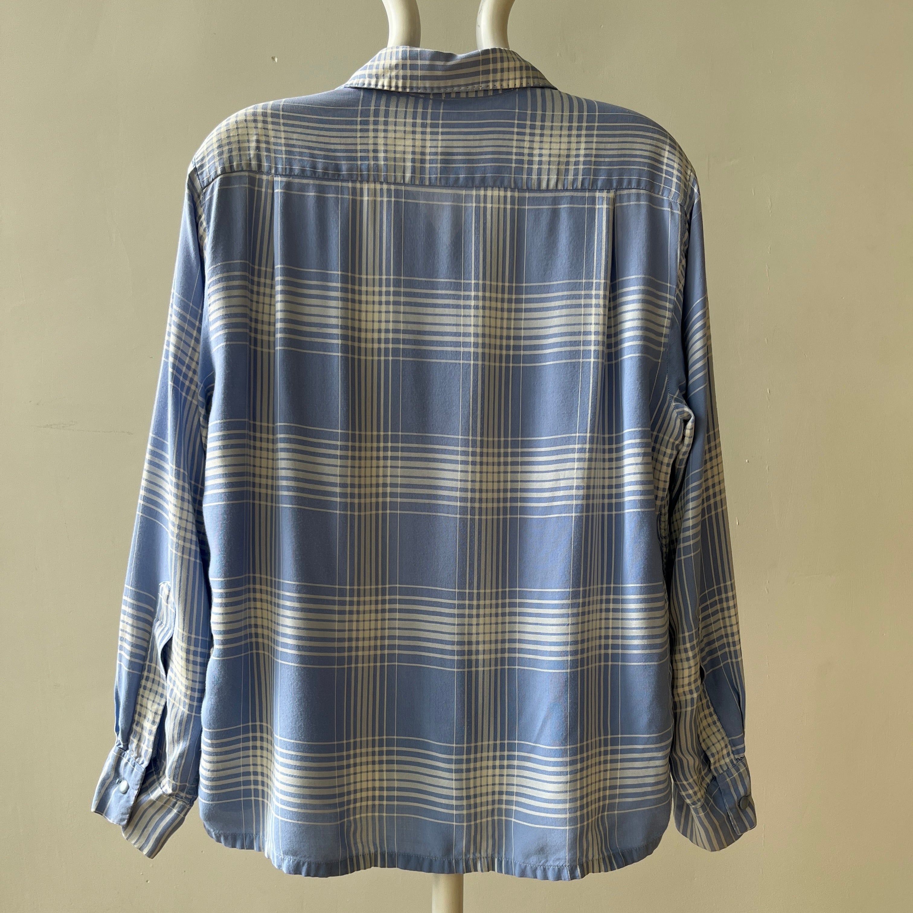 1950 Baby Blue Plaid Rayon Gabardine Loop Collar Button Up Shirt - TINA COLLECTION
