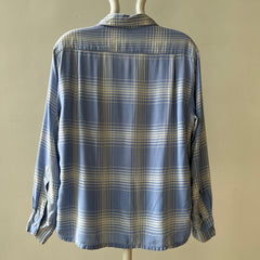 1950 Baby Blue Plaid Rayon Gabardine Loop Collar Button Up Shirt - TINA COLLECTION