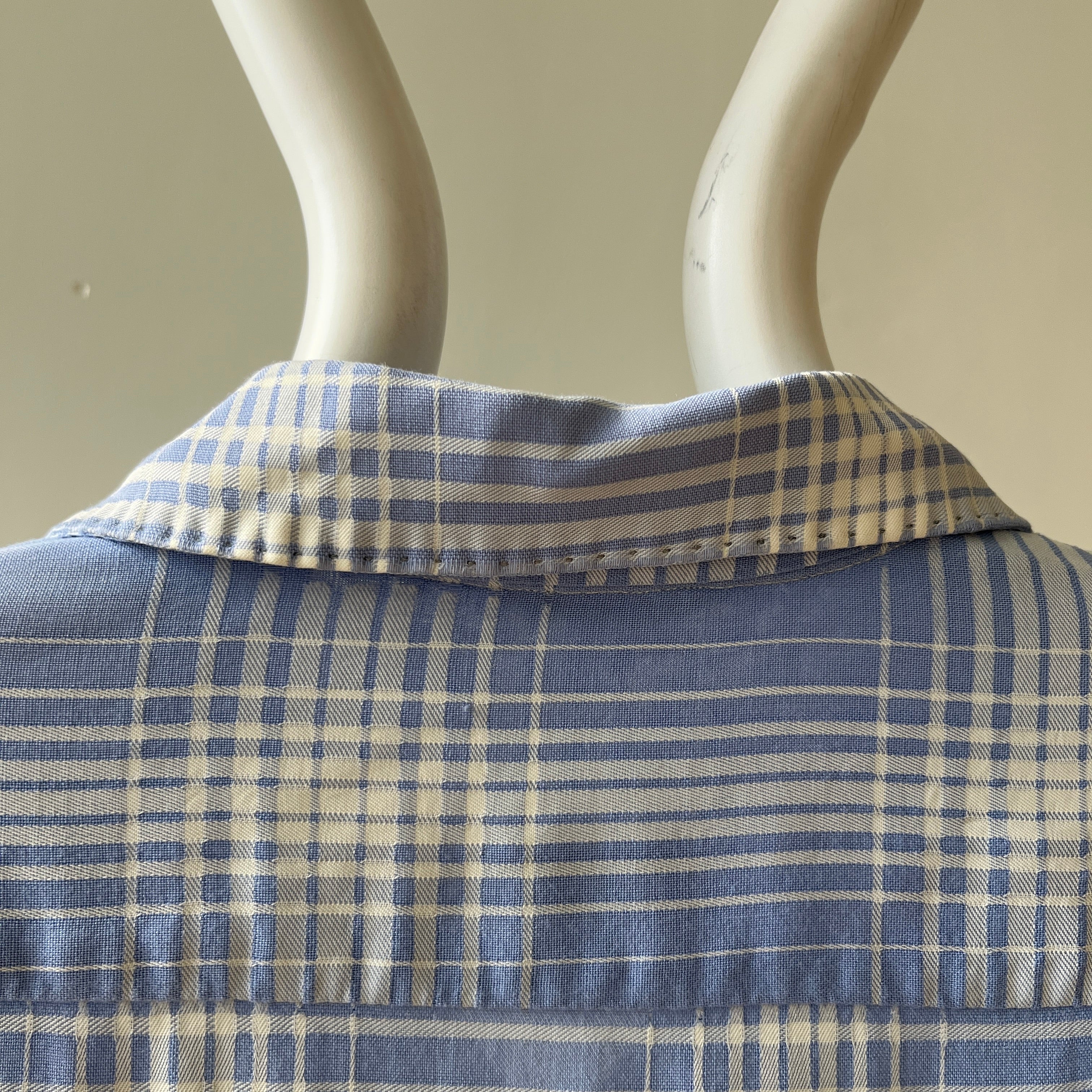 1950 Baby Blue Plaid Rayon Gabardine Loop Collar Button Up Shirt - TINA COLLECTION