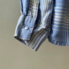 1950 Baby Blue Plaid Rayon Gabardine Loop Collar Button Up Shirt - TINA COLLECTION
