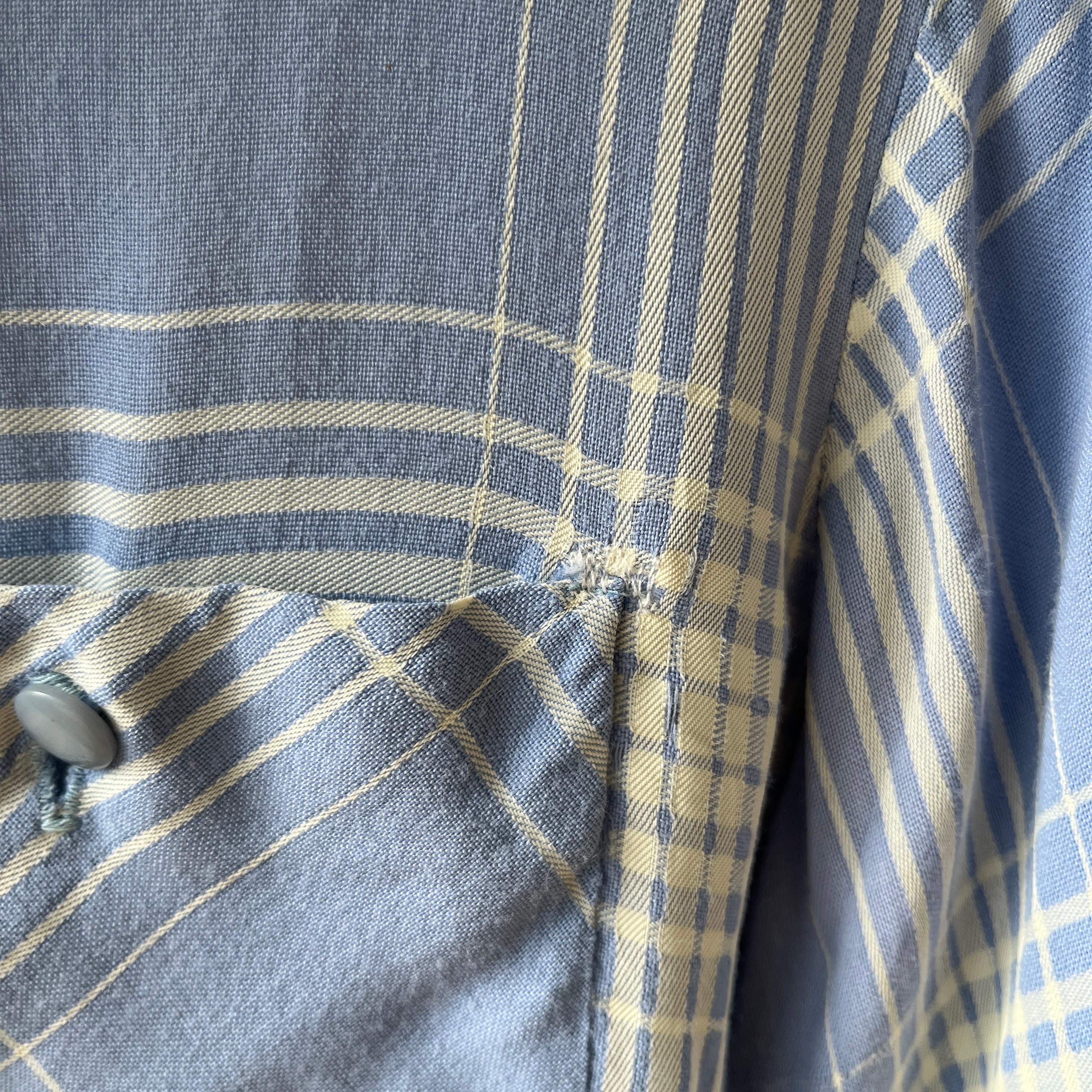 1950 Baby Blue Plaid Rayon Gabardine Loop Collar Button Up Shirt - TINA COLLECTION