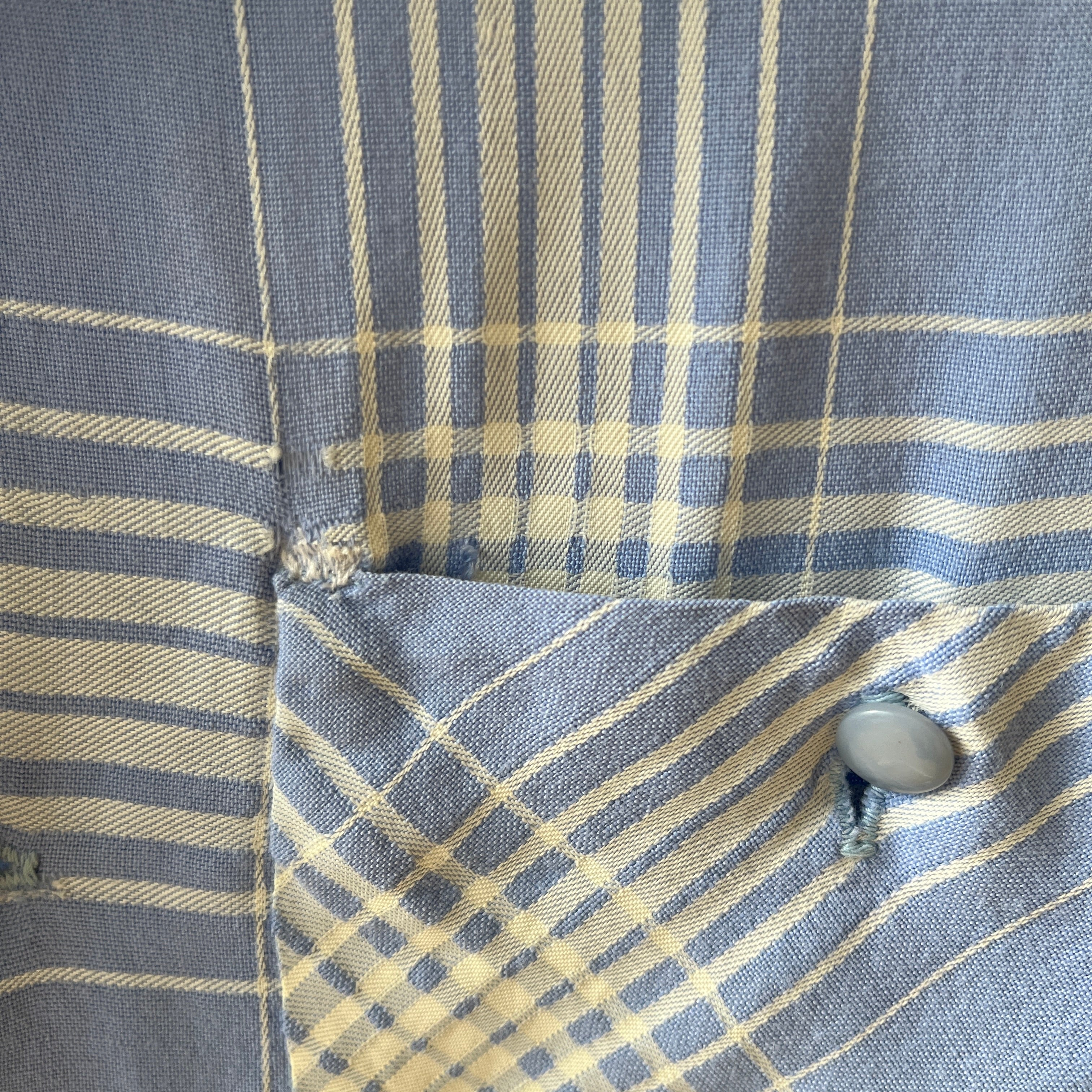 1950 Baby Blue Plaid Rayon Gabardine Loop Collar Button Up Shirt - TINA COLLECTION