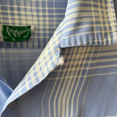 1950 Baby Blue Plaid Rayon Gabardine Loop Collar Button Up Shirt - TINA COLLECTION