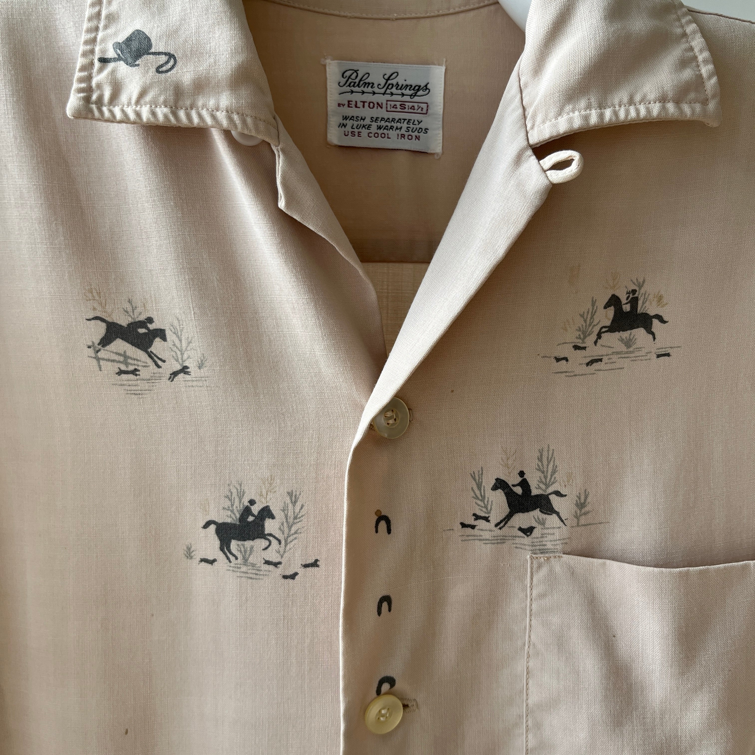 1950s Tan Rayon Loop Collar Horse Button Up Shirt - TINA COLLECTION