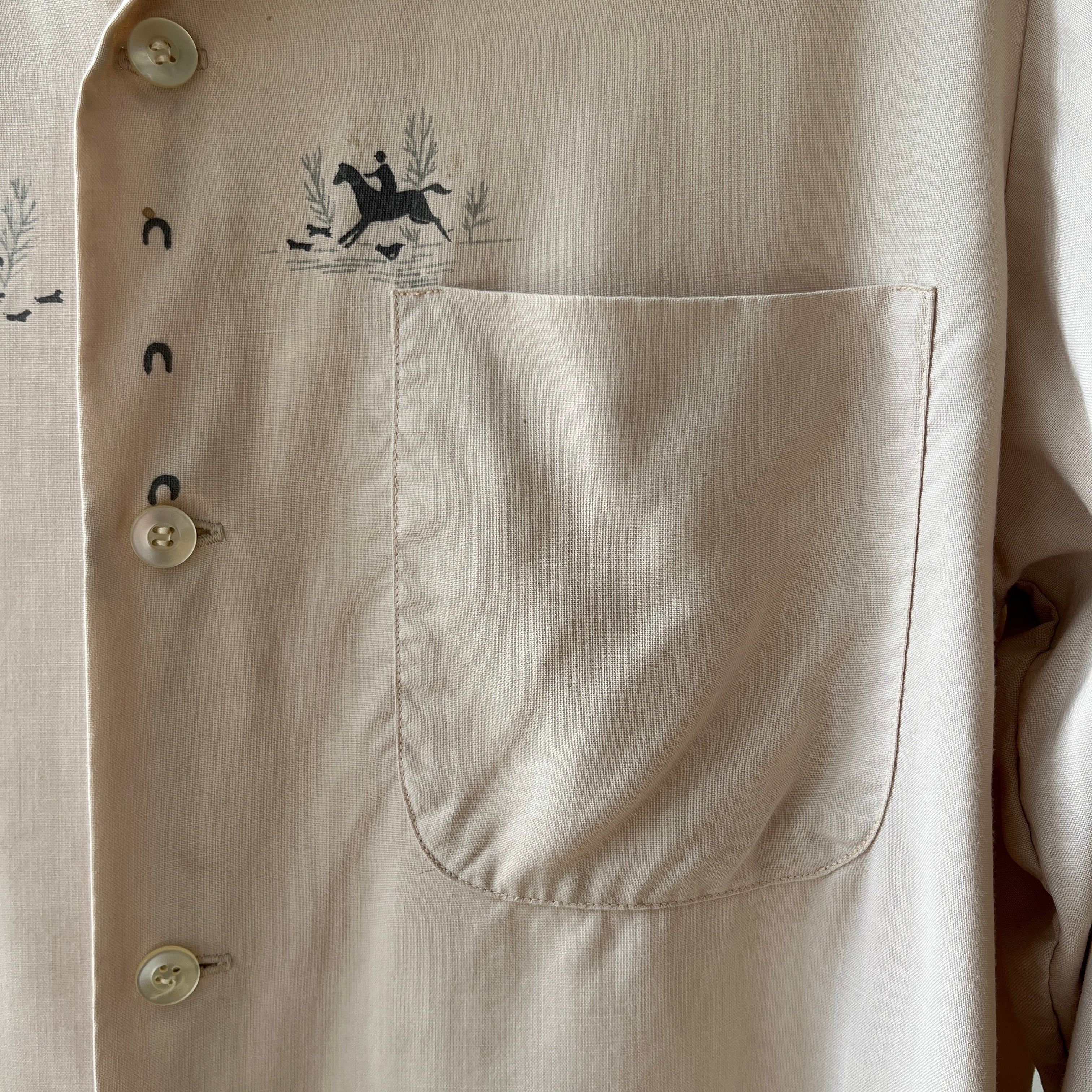 1950s Tan Rayon Loop Collar Horse Button Up Shirt - TINA COLLECTION