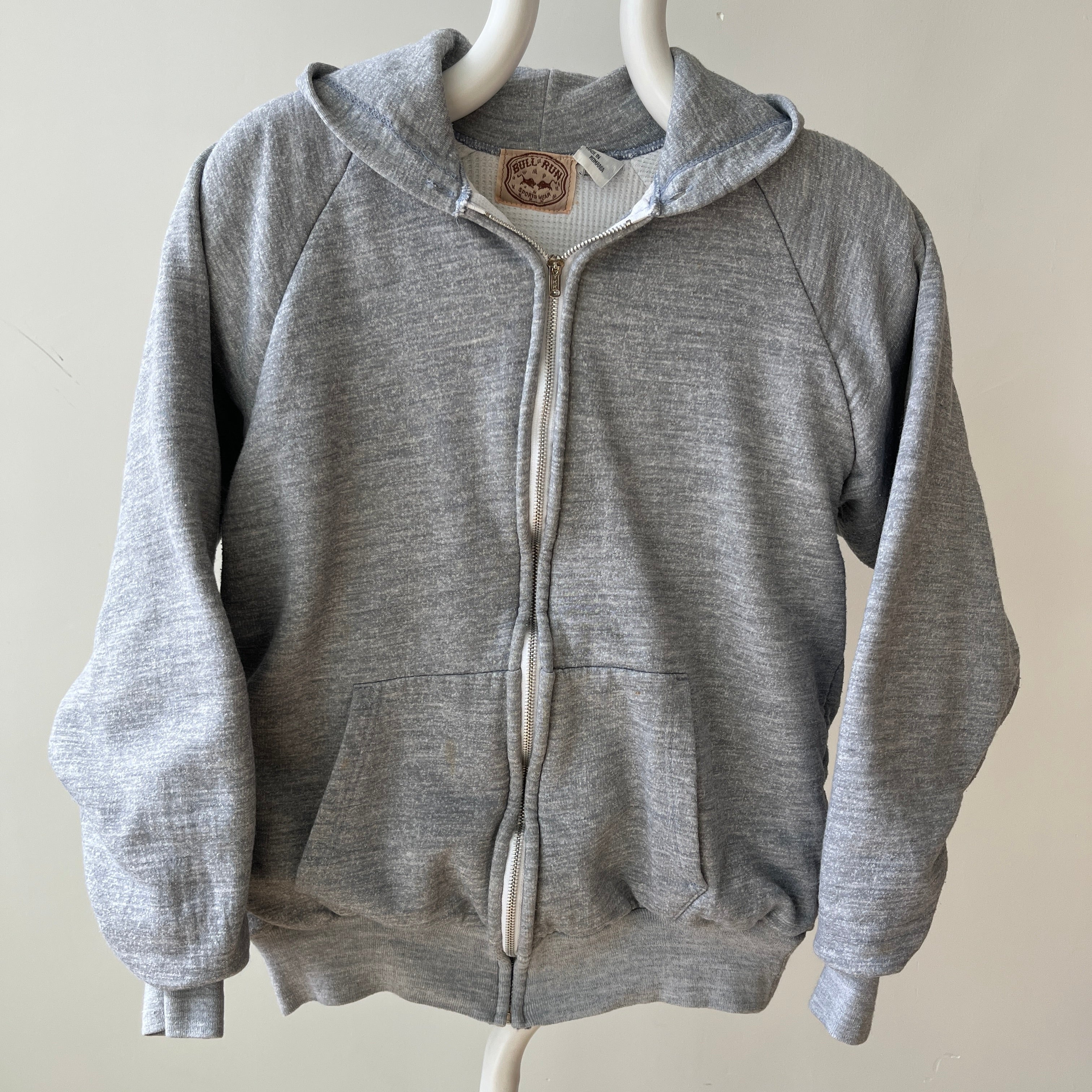 1980s Grey Waffle Lined Zip Up Hoodie