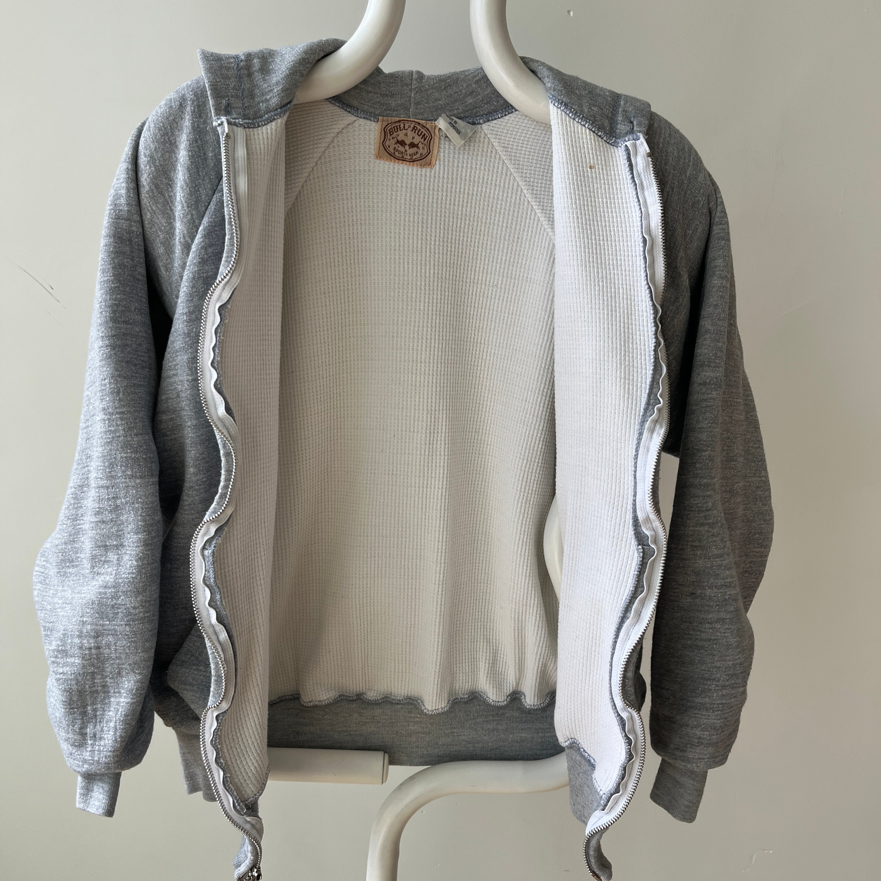1980s Grey Waffle Lined Zip Up Hoodie