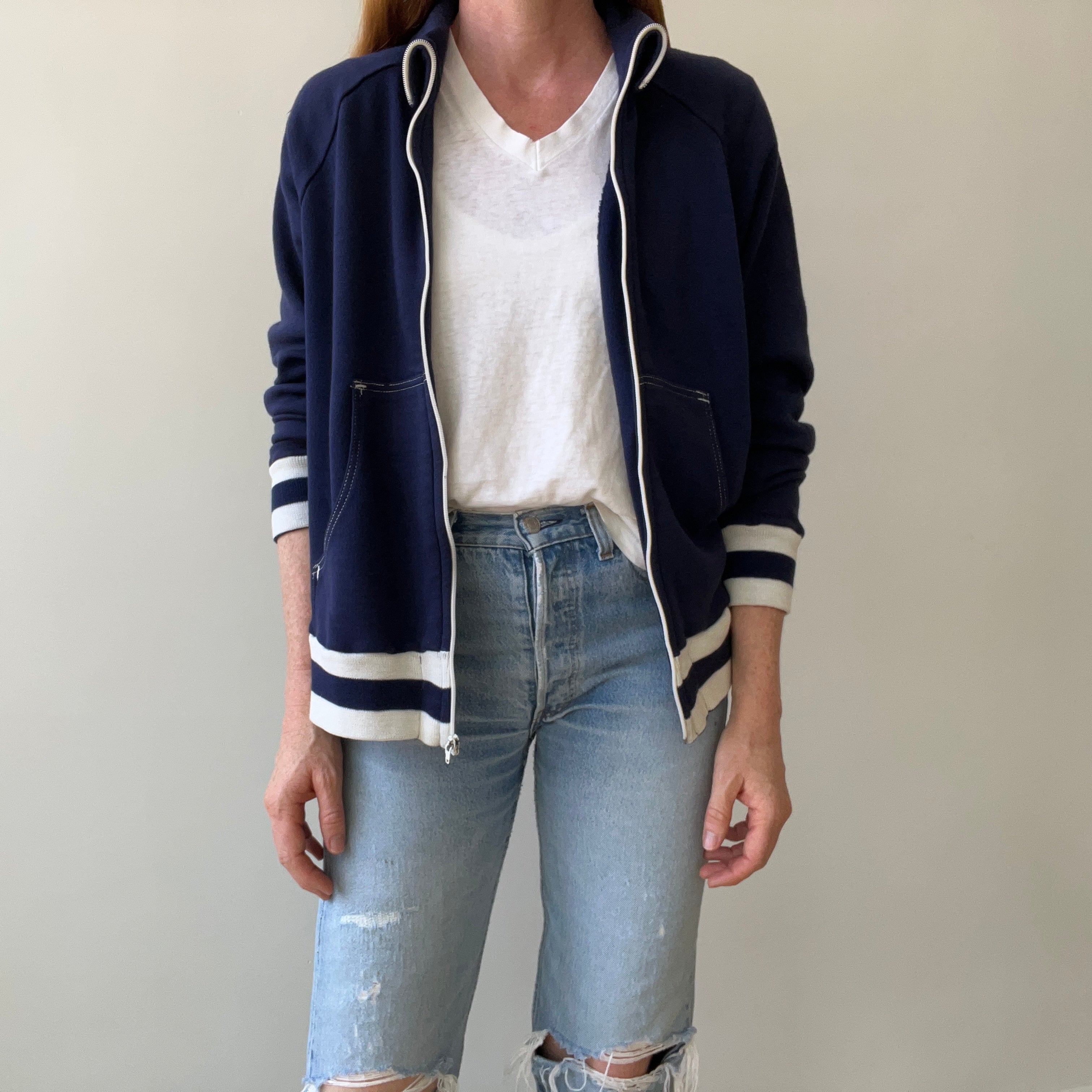 1970s Navy and White Super Soft Zip Warm Up Sweatshirt