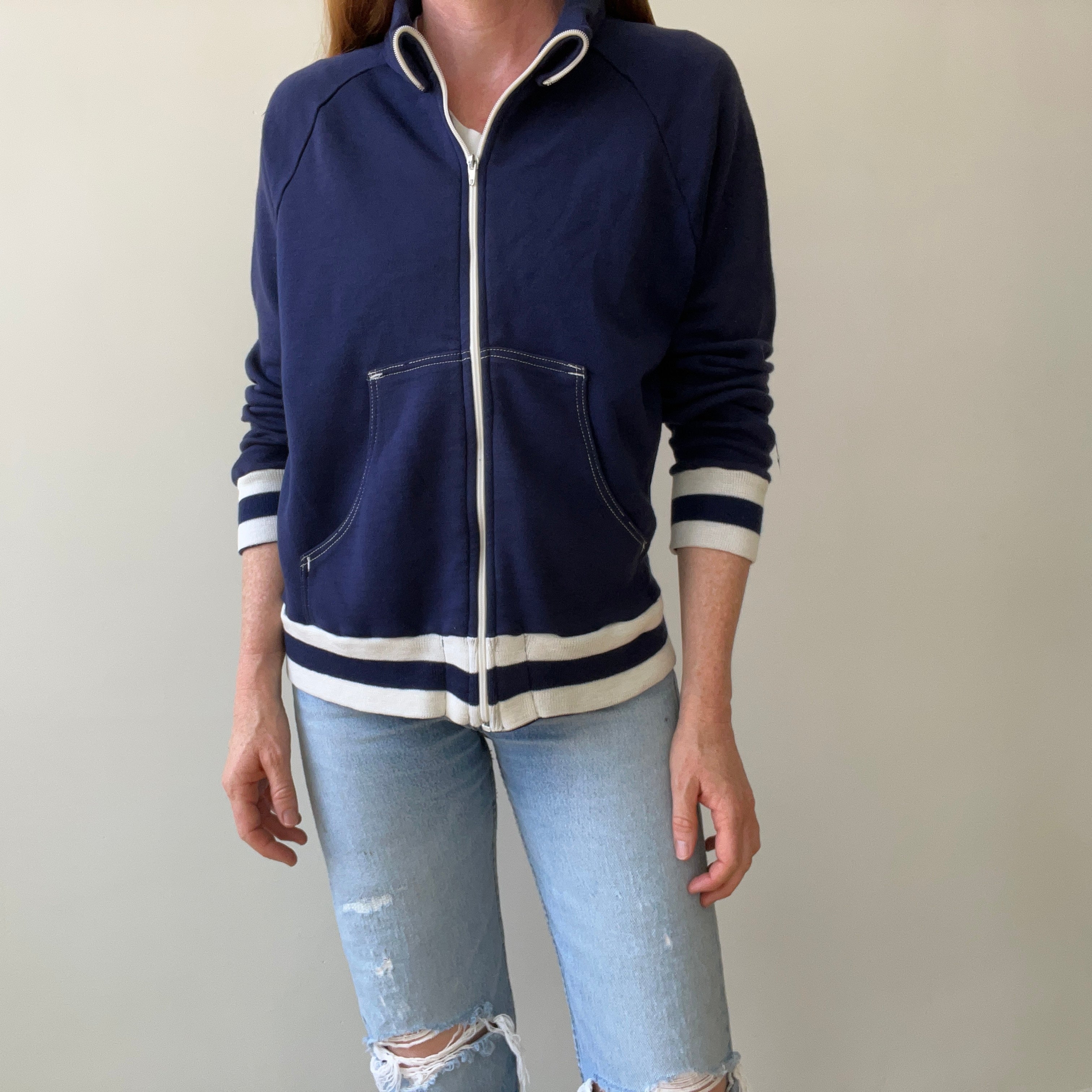 1970s Navy and White Super Soft Zip Warm Up Sweatshirt