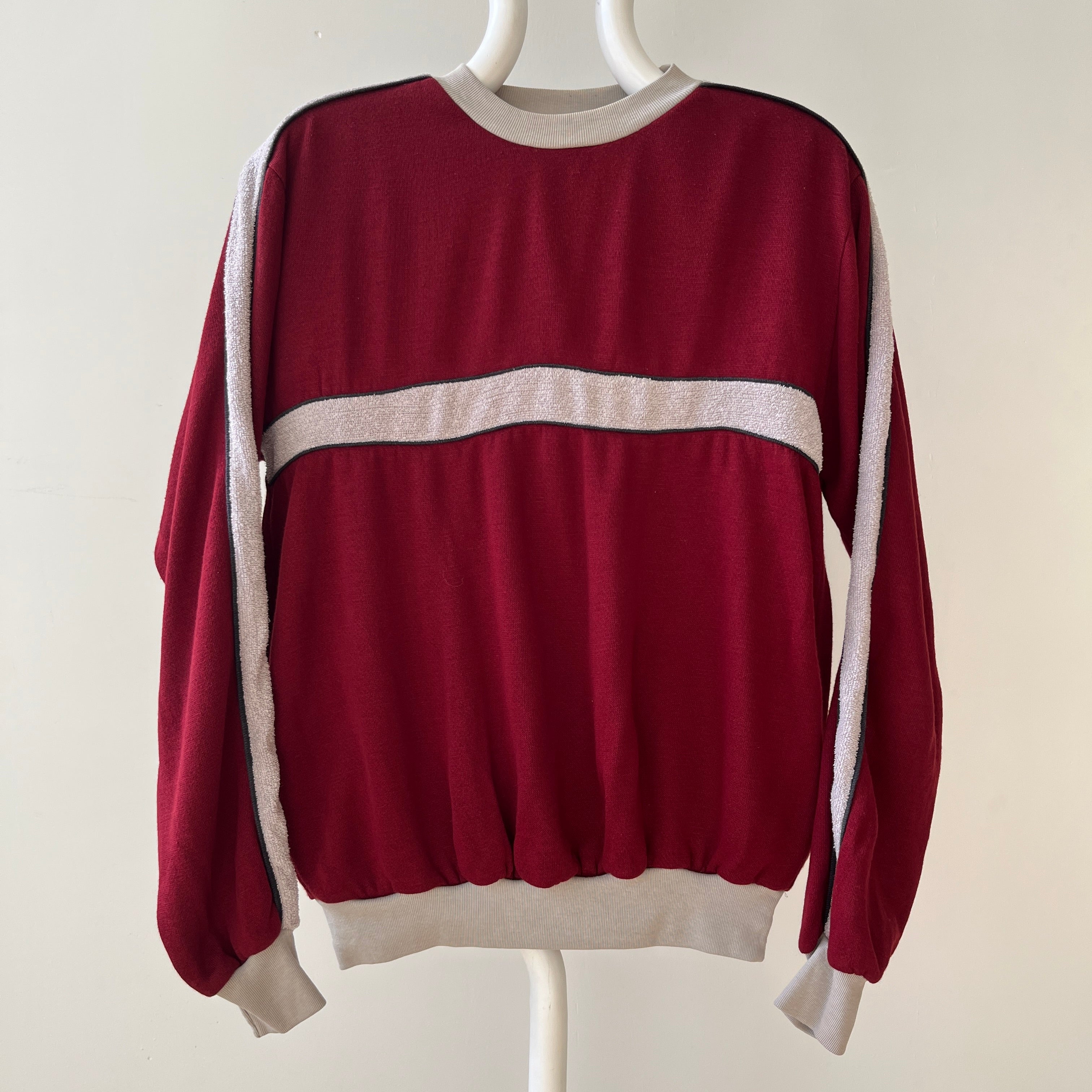 1970s Burgundy Terry Cloth Striped Sweatshirt