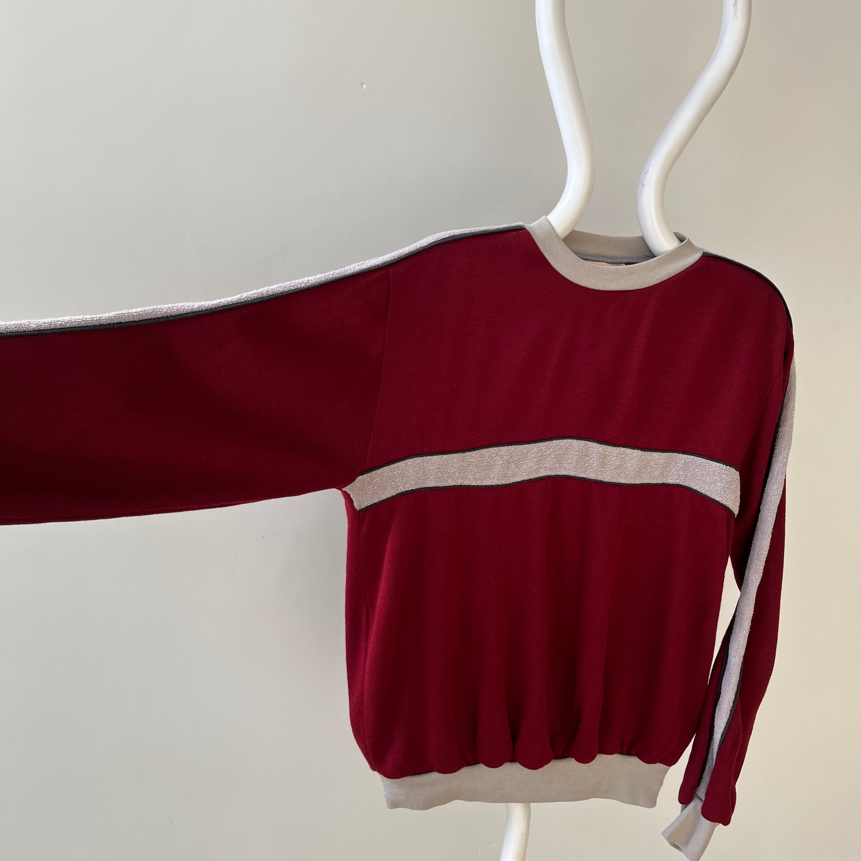 1970s Burgundy Terry Cloth Striped Sweatshirt