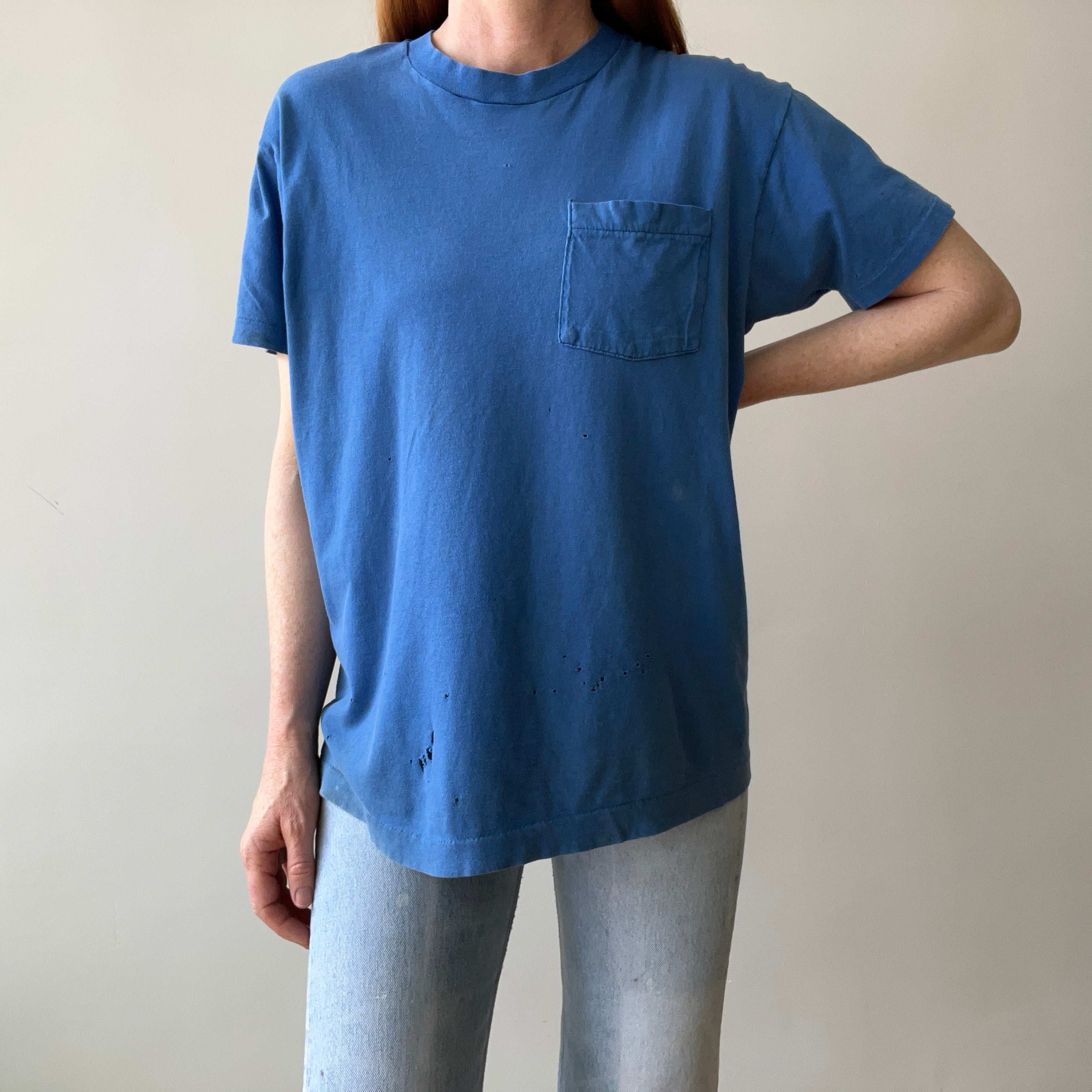 1980s Soft and Slouchy Cotton Dodger (or French) Blue FOTL Pocket T-Shirt
